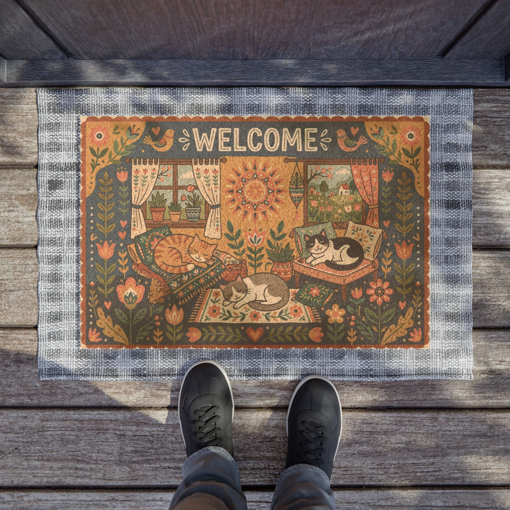 Scandinavian Cozy Cats Spring Welcome Mat
