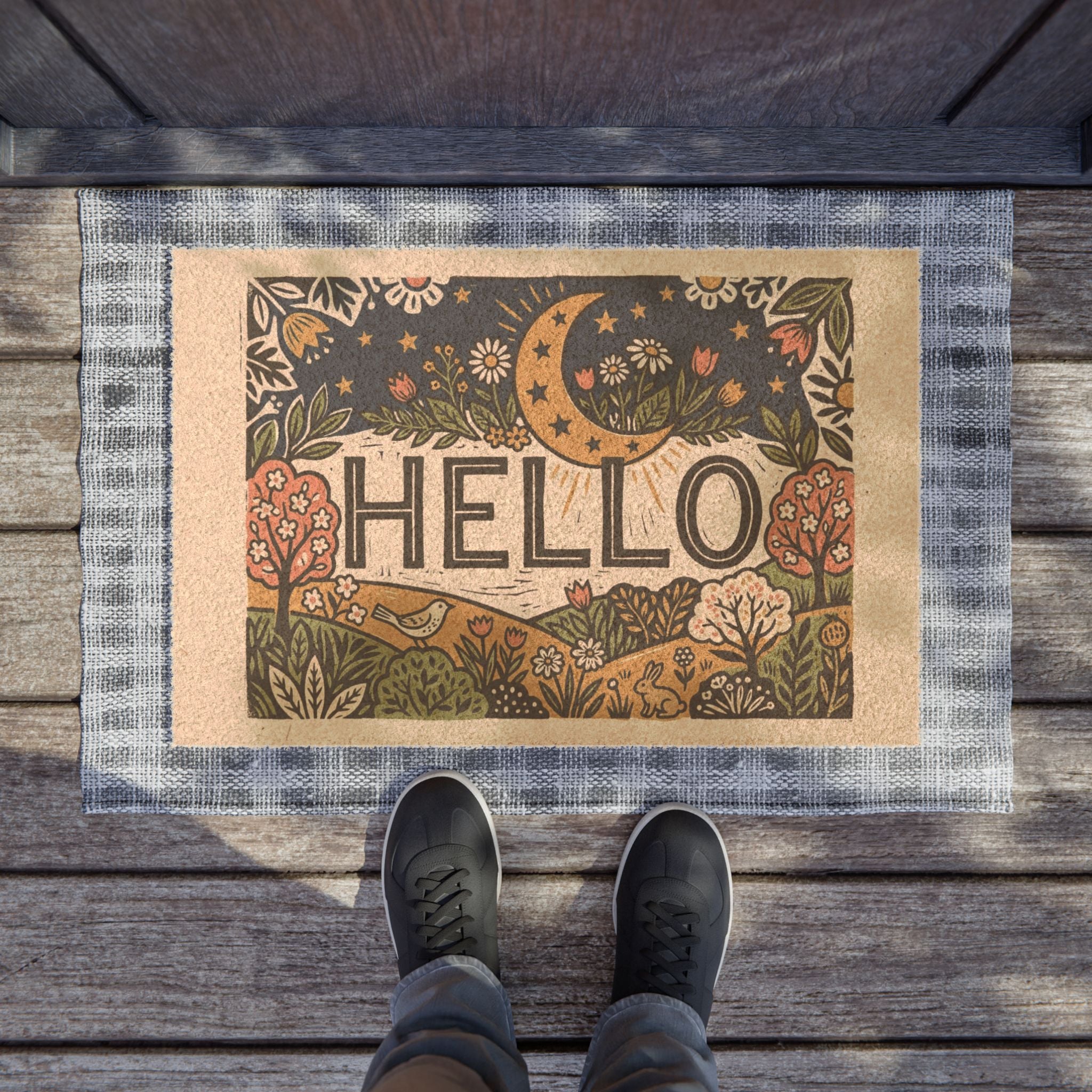 Celestial Folk Art Spring Hello Doormat