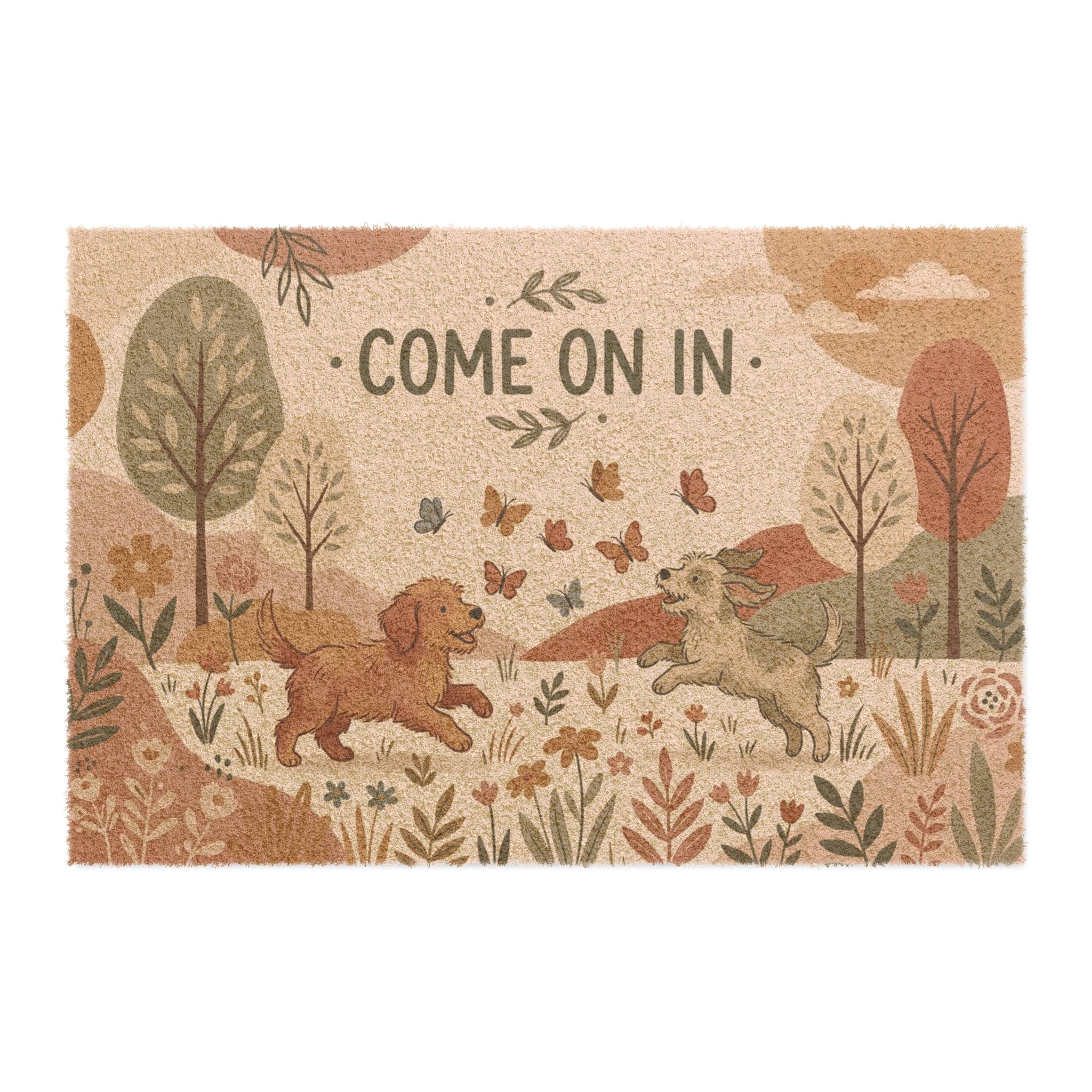 Boho Botanical Playful Puppies Welcome Mat