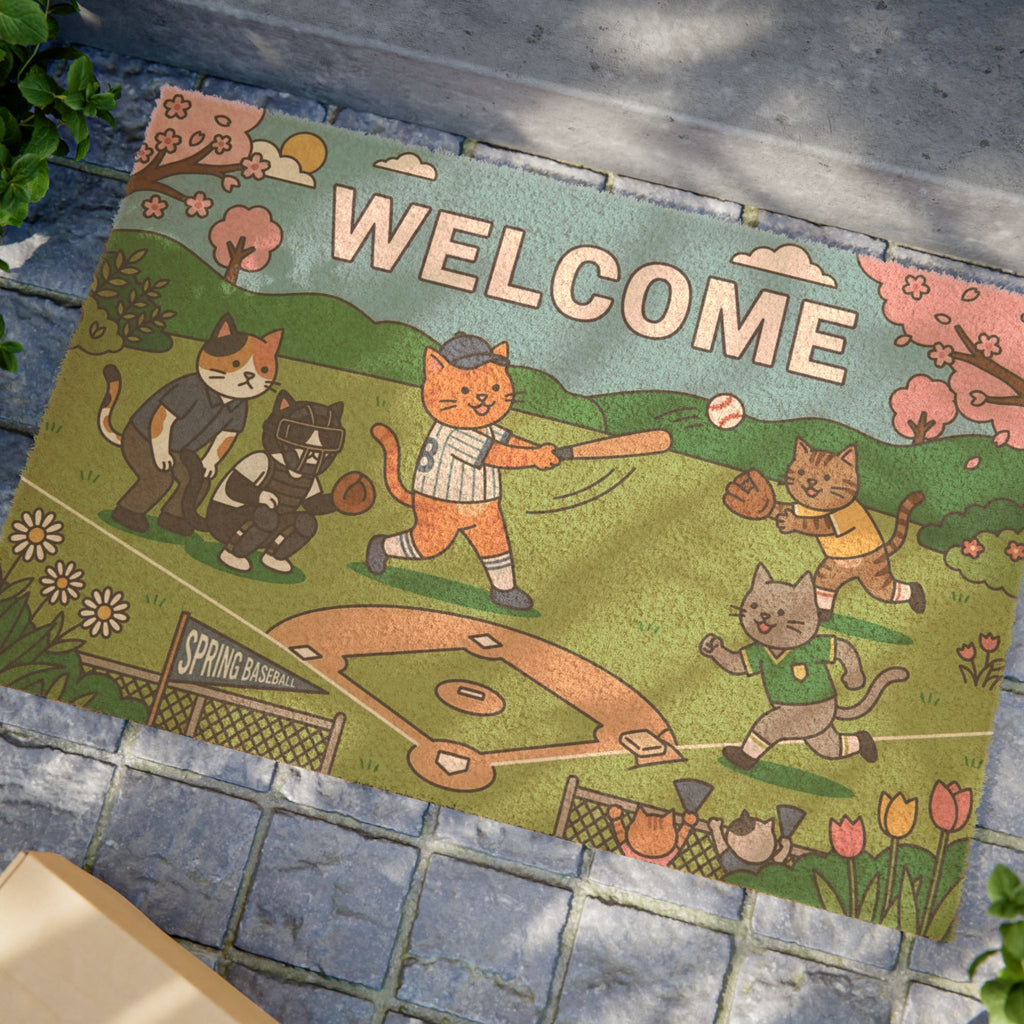 Playful Cats Spring Baseball Welcome Doormat