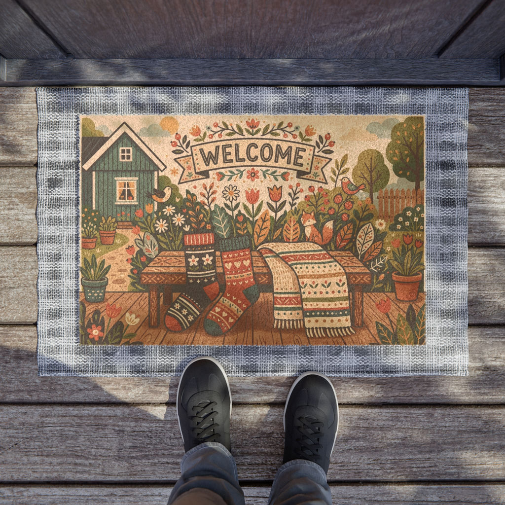 Cozy Nordic Garden Folk Art Welcome Doormat