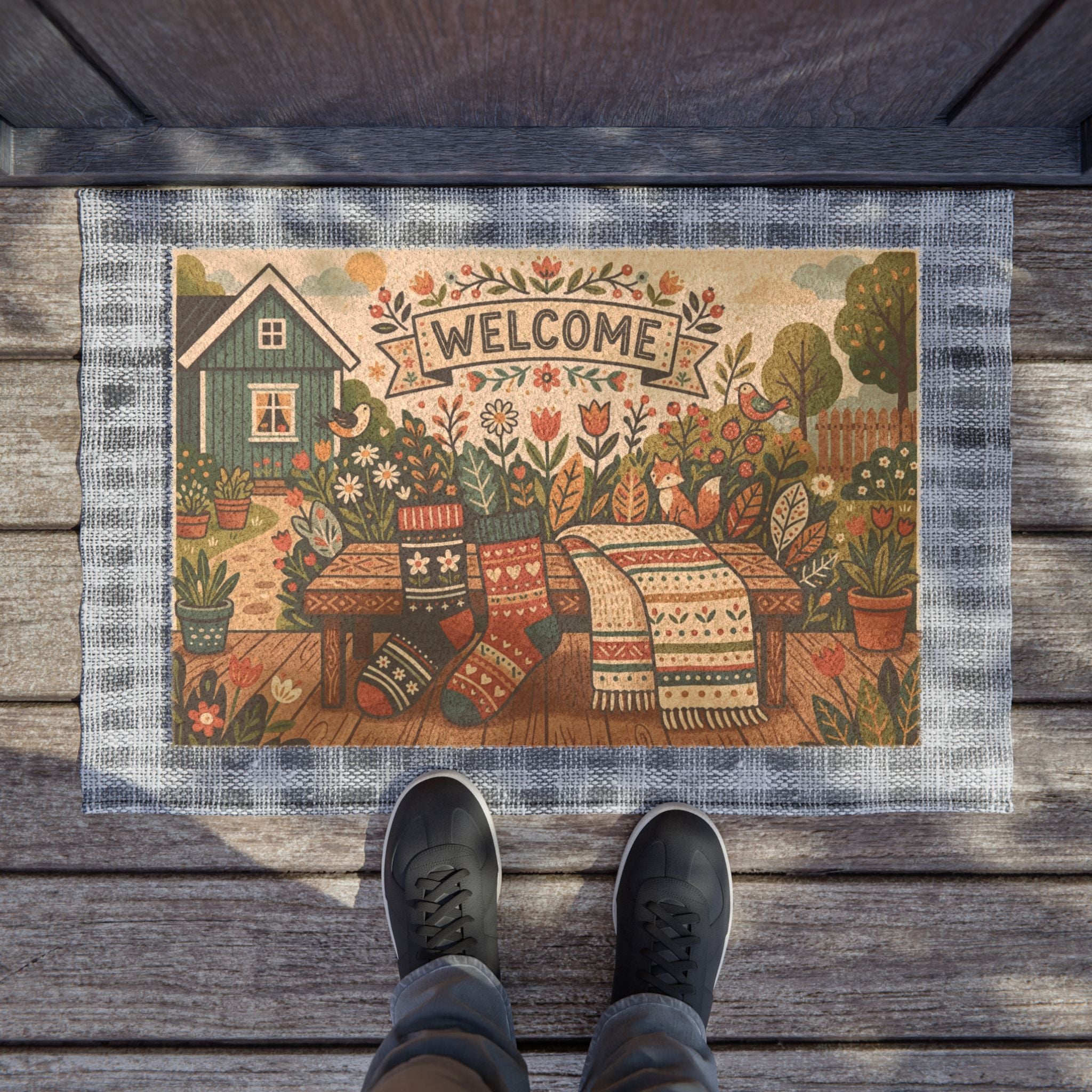 Cozy Nordic Garden Folk Art Welcome Doormat