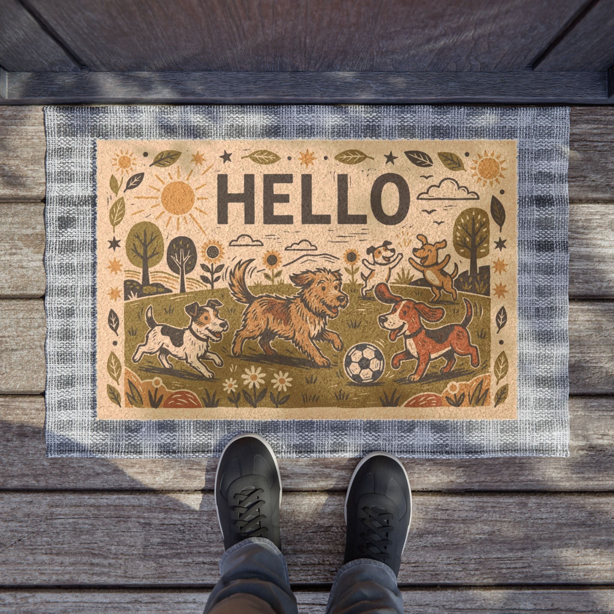 Playful Linocut Pups Summer Welcome Mat