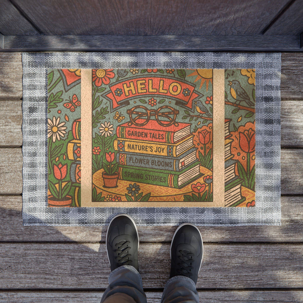 Retro Hello Spring Bookworm Welcome Doormat