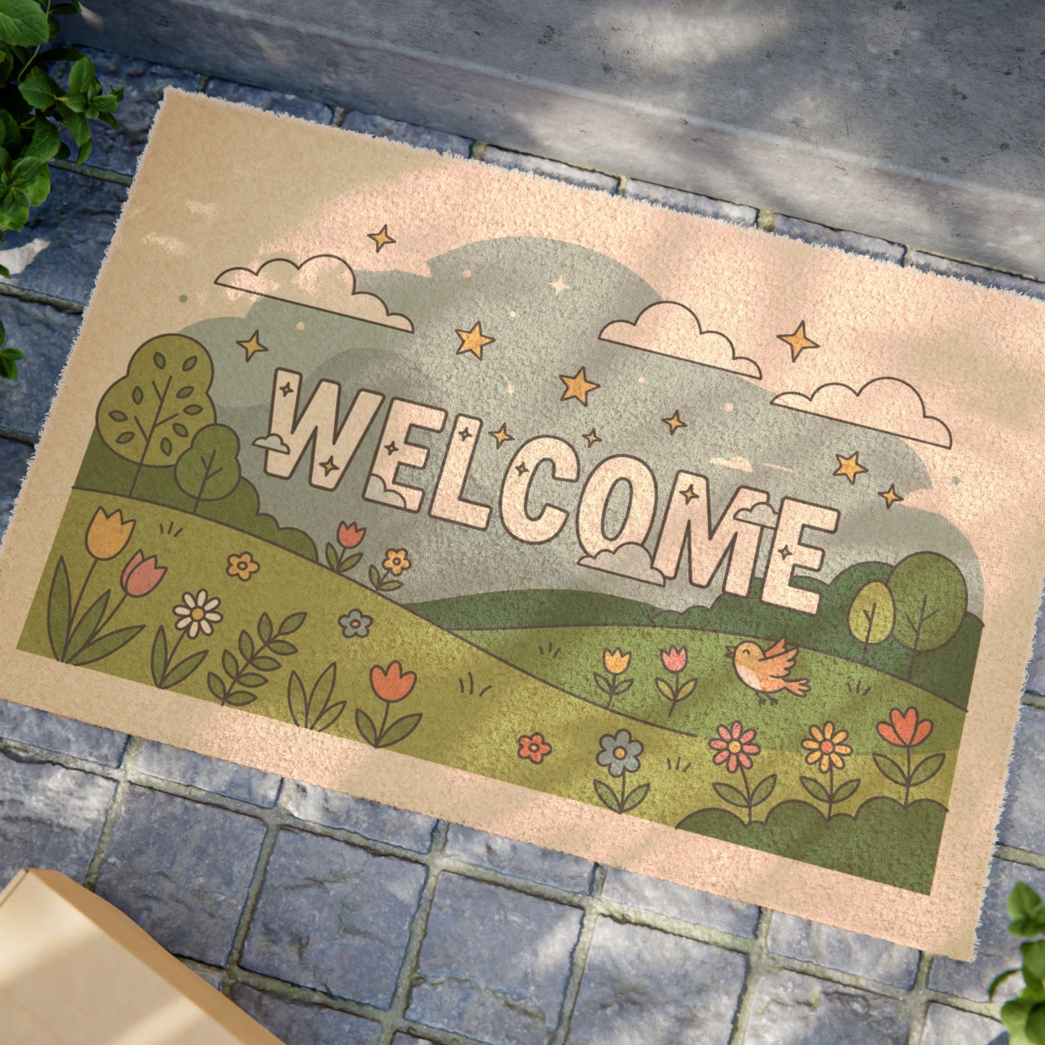 Whimsical Starry Spring Meadow Welcome Mat