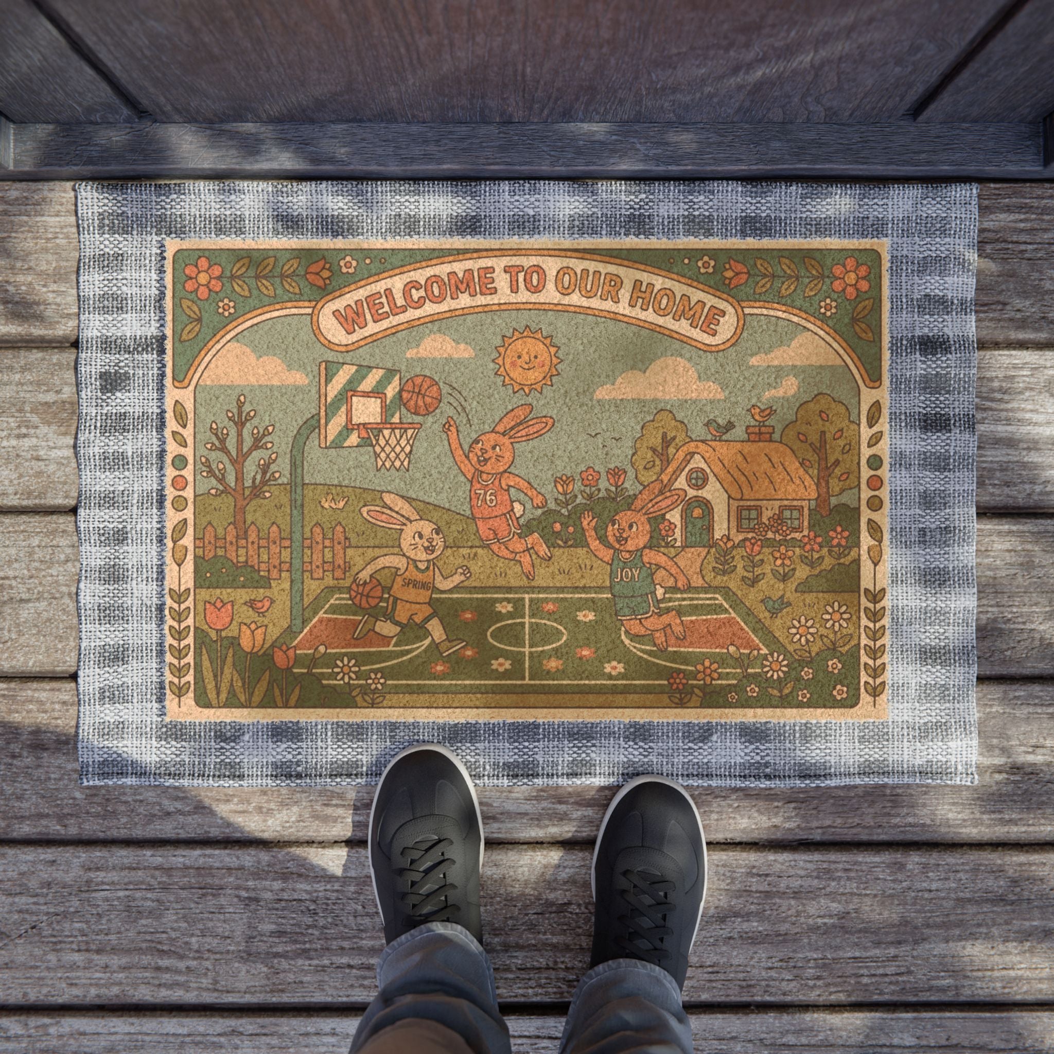 Groovy Hoops Spring Bunnies Welcome Doormat