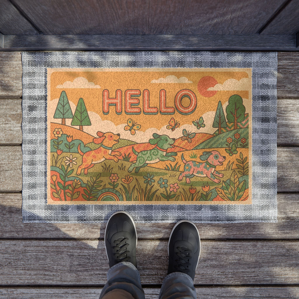 Groovy Retro Hello Sunshine Puppies Doormat
