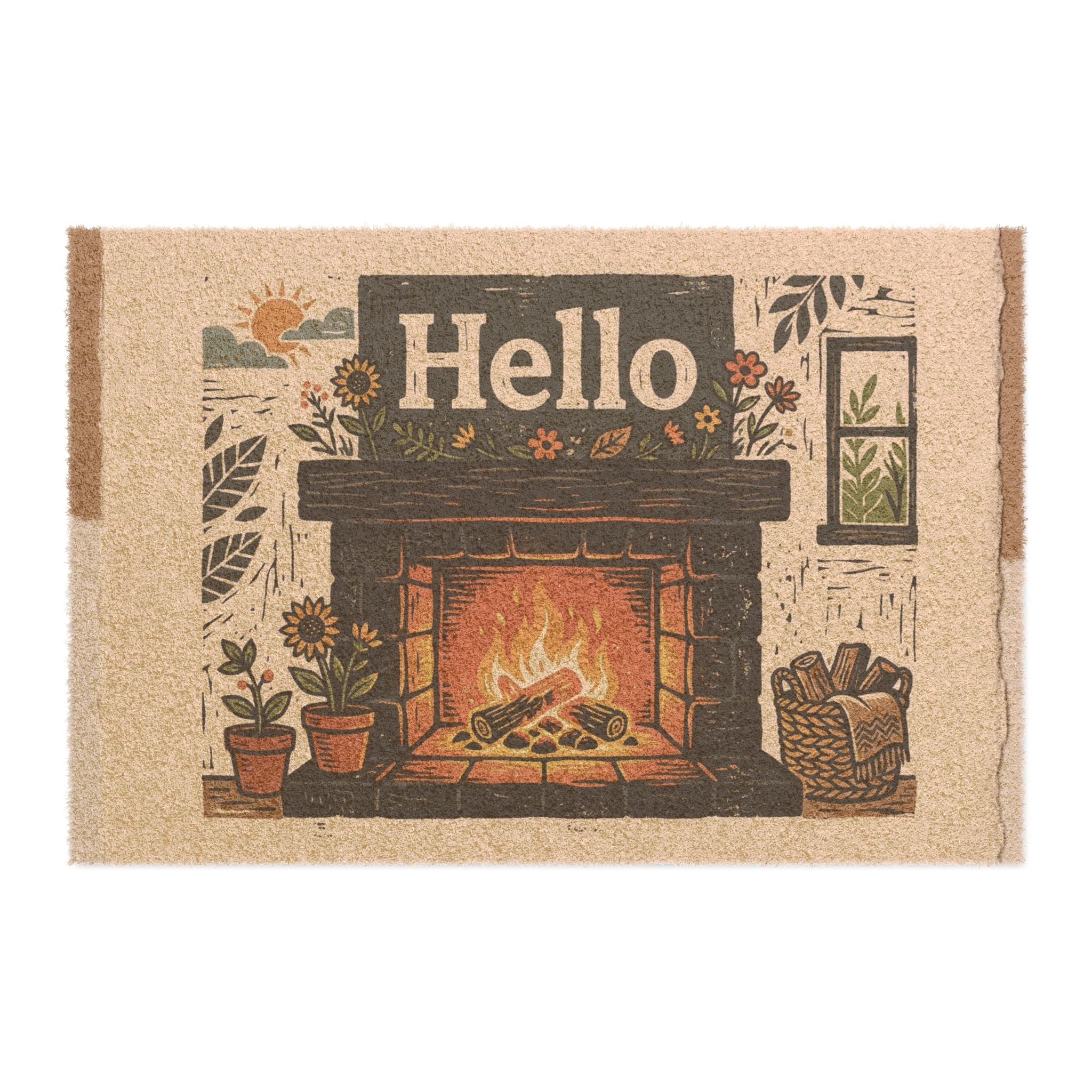 Cozy Sunny Hearth Hello Linocut Art Print