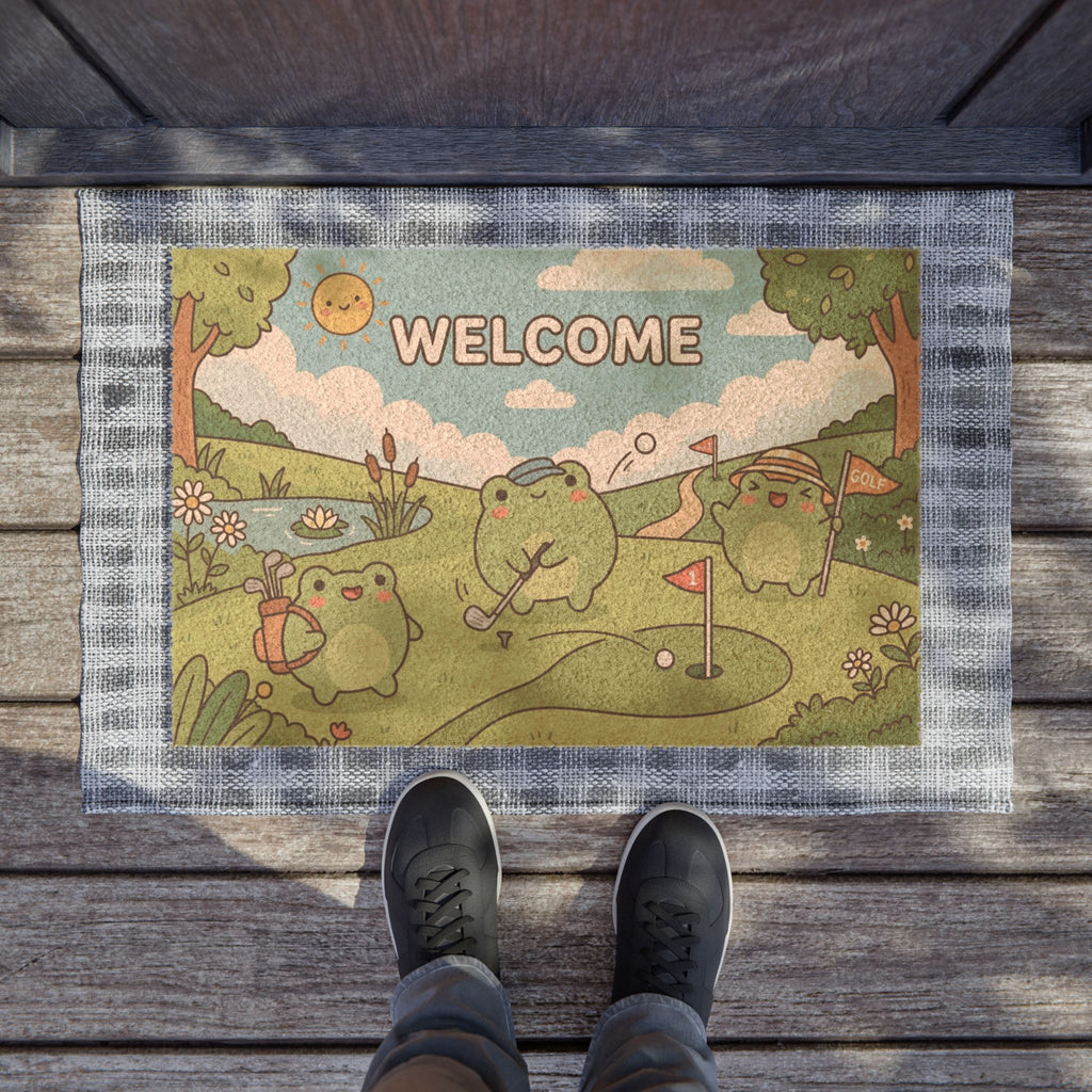 Kawaii Golfing Frogs Welcome Doormat