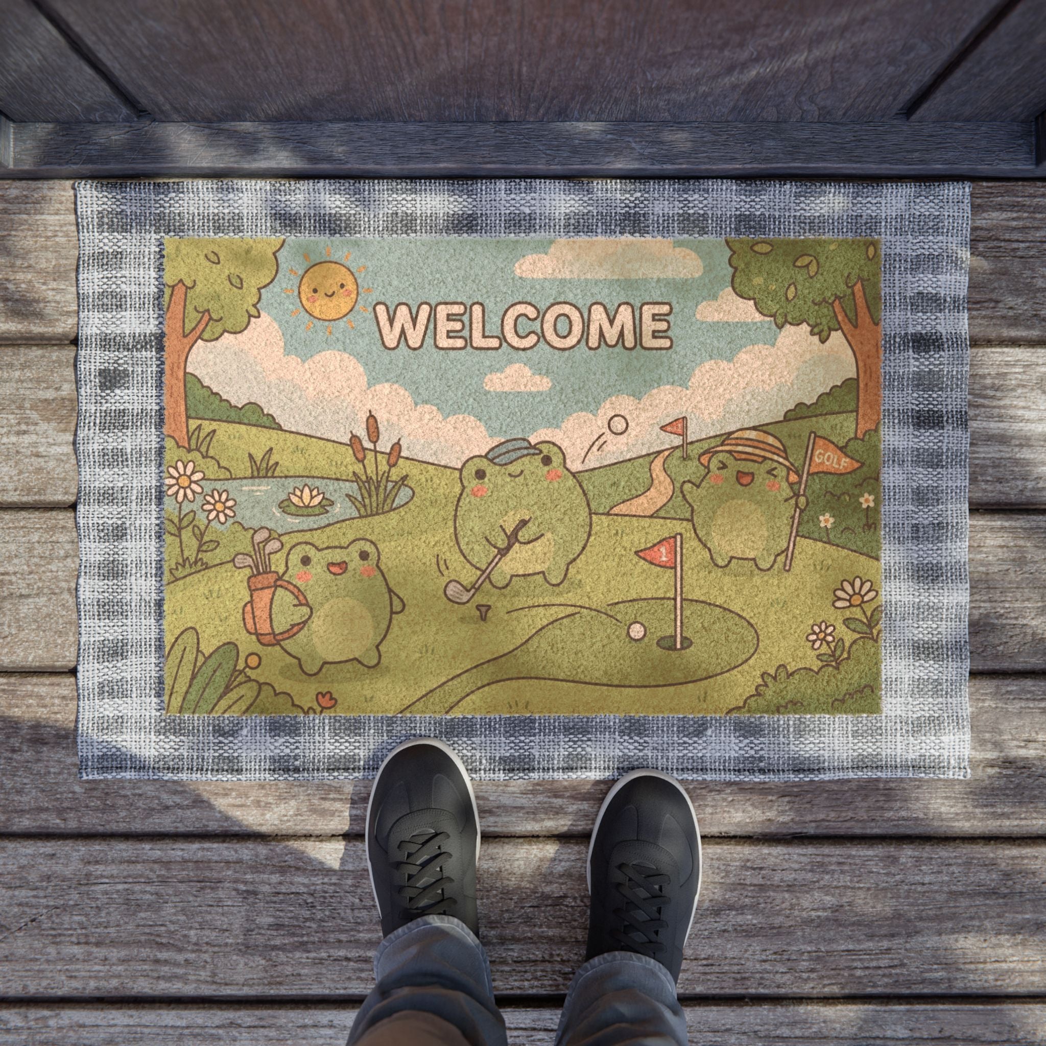 Kawaii Golfing Frogs Welcome Doormat