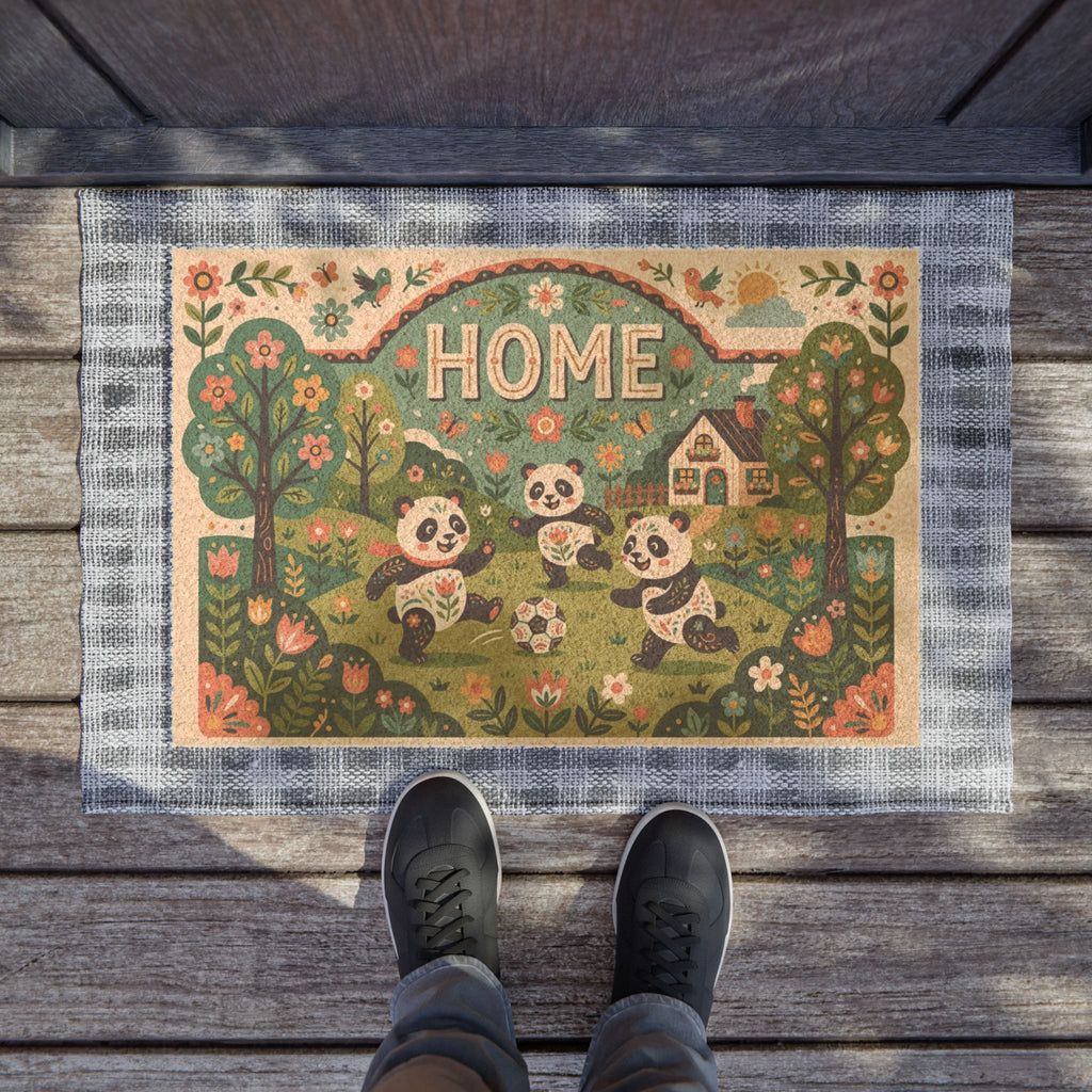 Joyful Folk Art Pandas Soccer Home Doormat