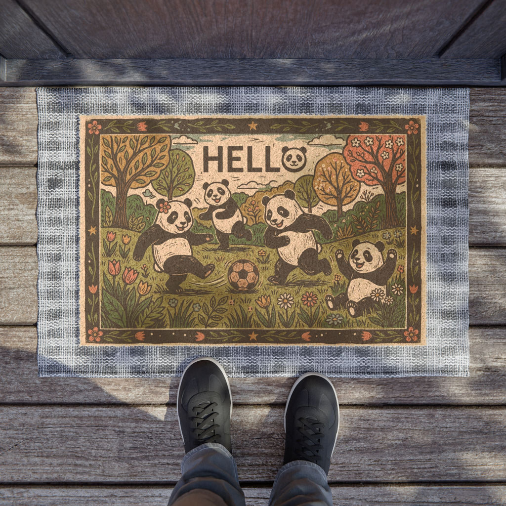 Retro Linocut Spring Pandas Soccer Doormat