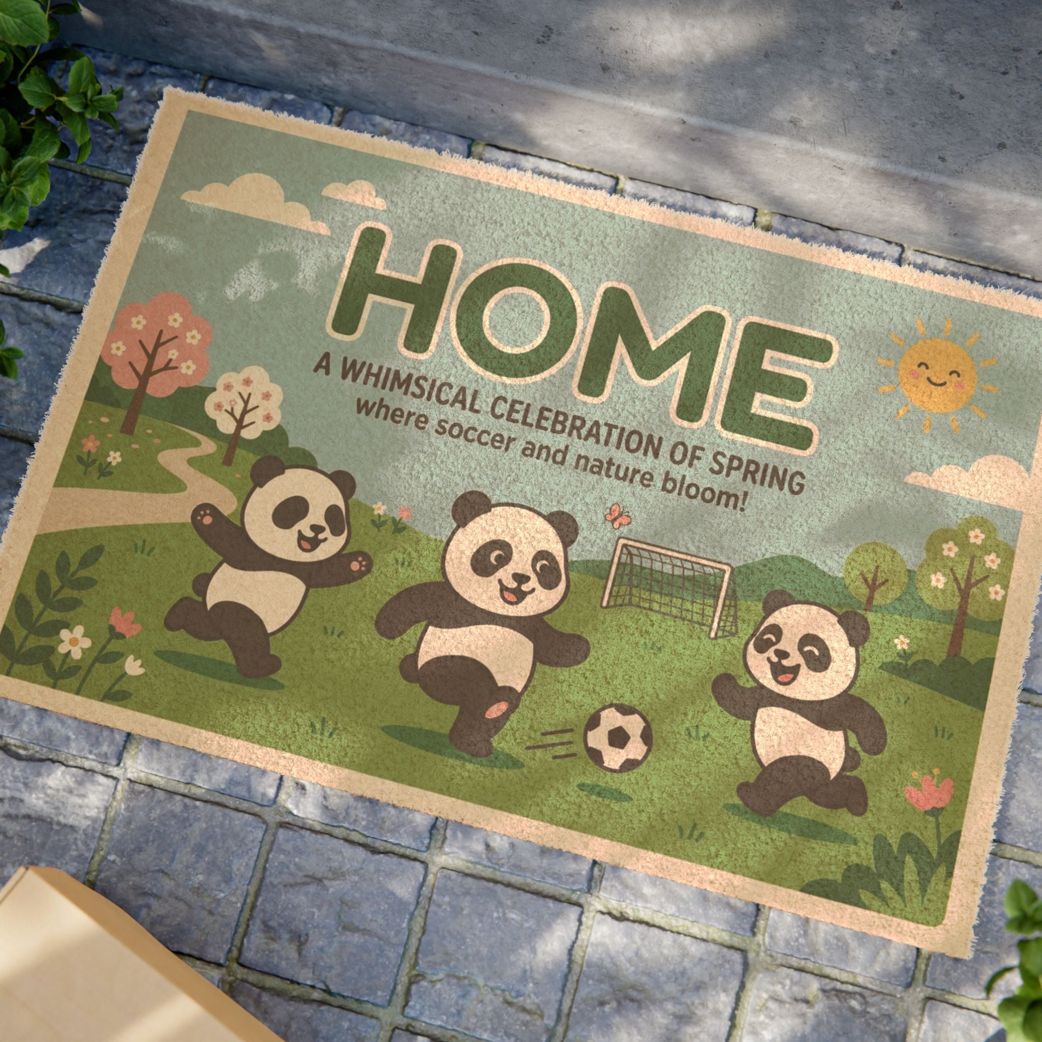 Playful Pandas Spring Soccer Welcome Mat
