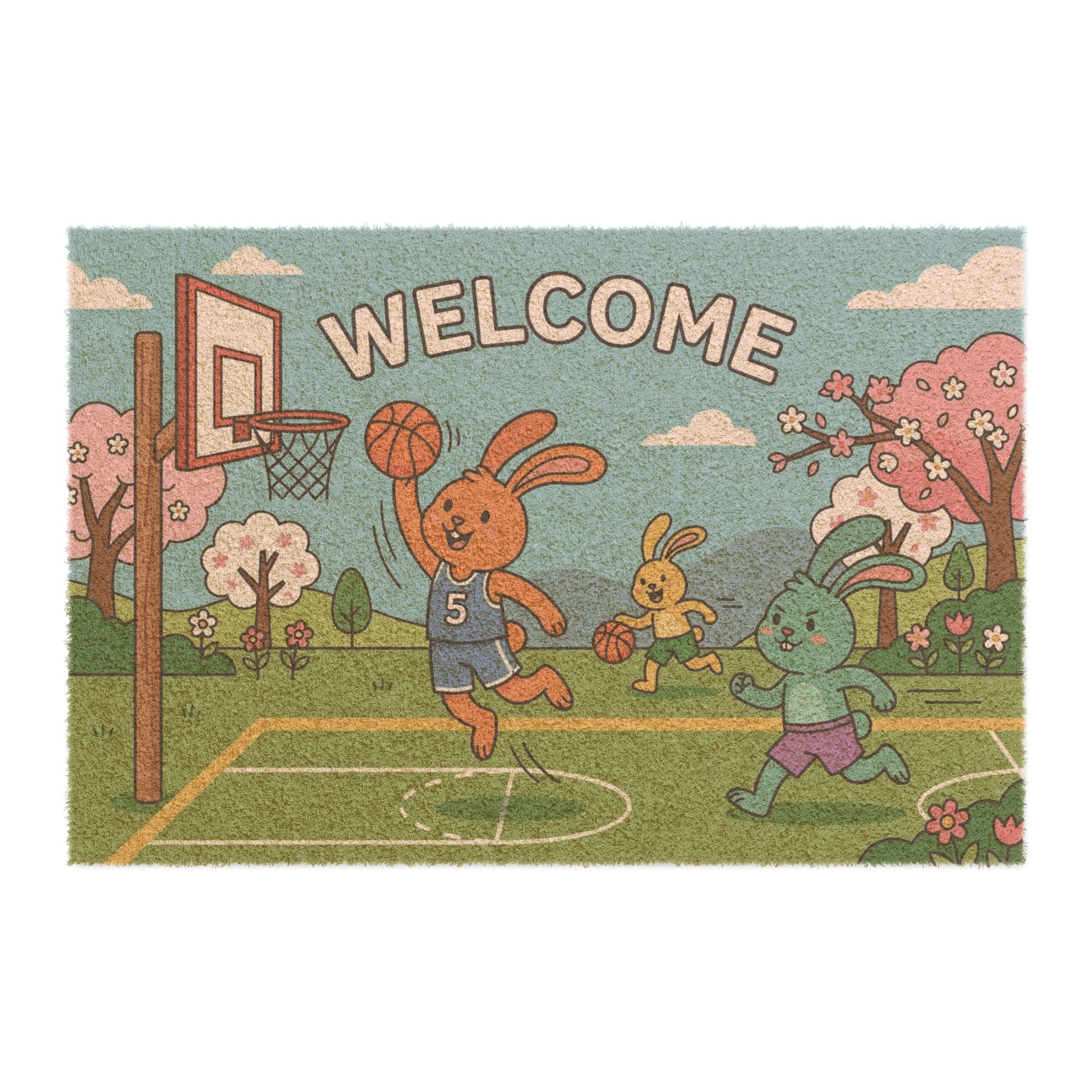 Springtime Slam Dunk Bunny Welcome Mat