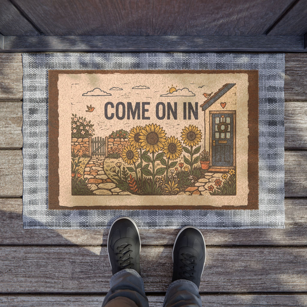 Sunny Sunflower Cottage Linocut Welcome Sign