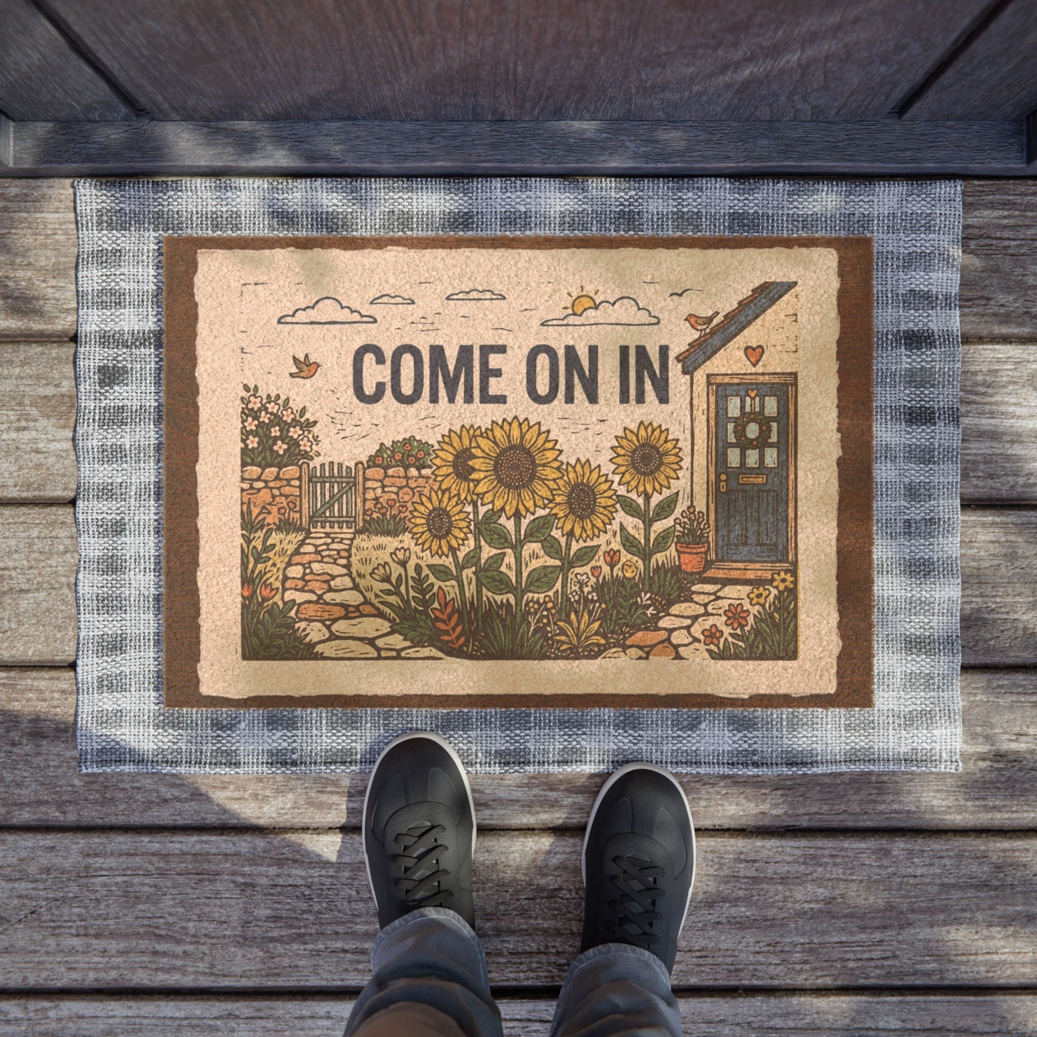 Sunny Sunflower Cottage Linocut Welcome Sign