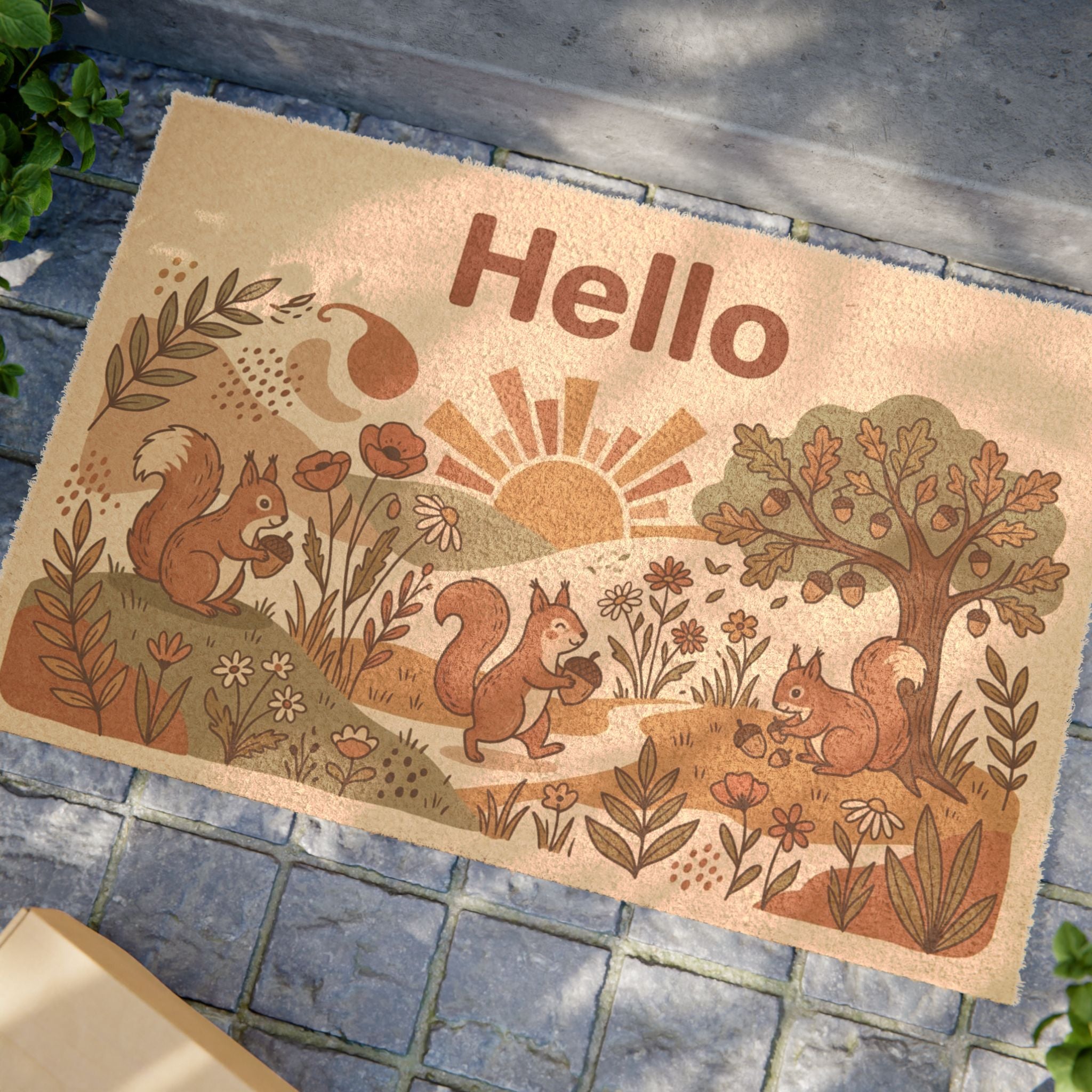 Retro Cozy Forest Squirrels Hello Wall Art