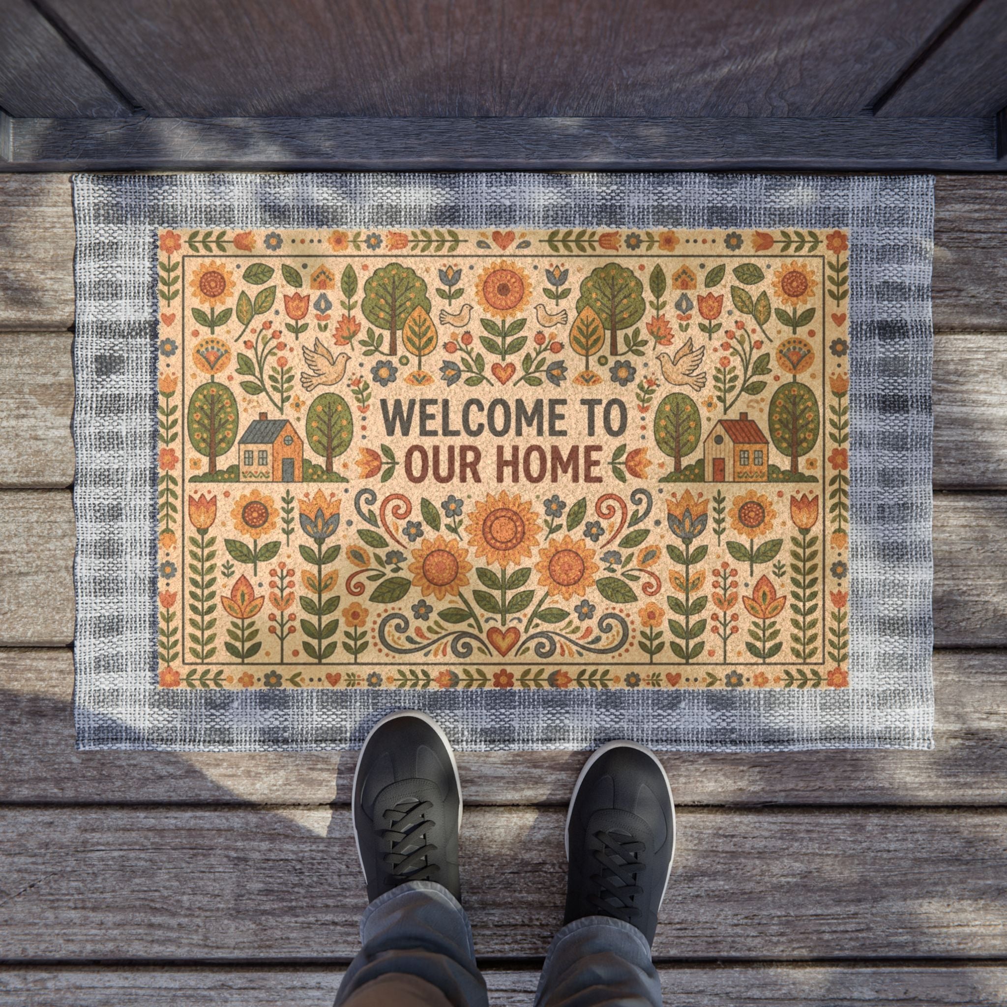 Nordic Sunflower Folk Art Welcome Doormat