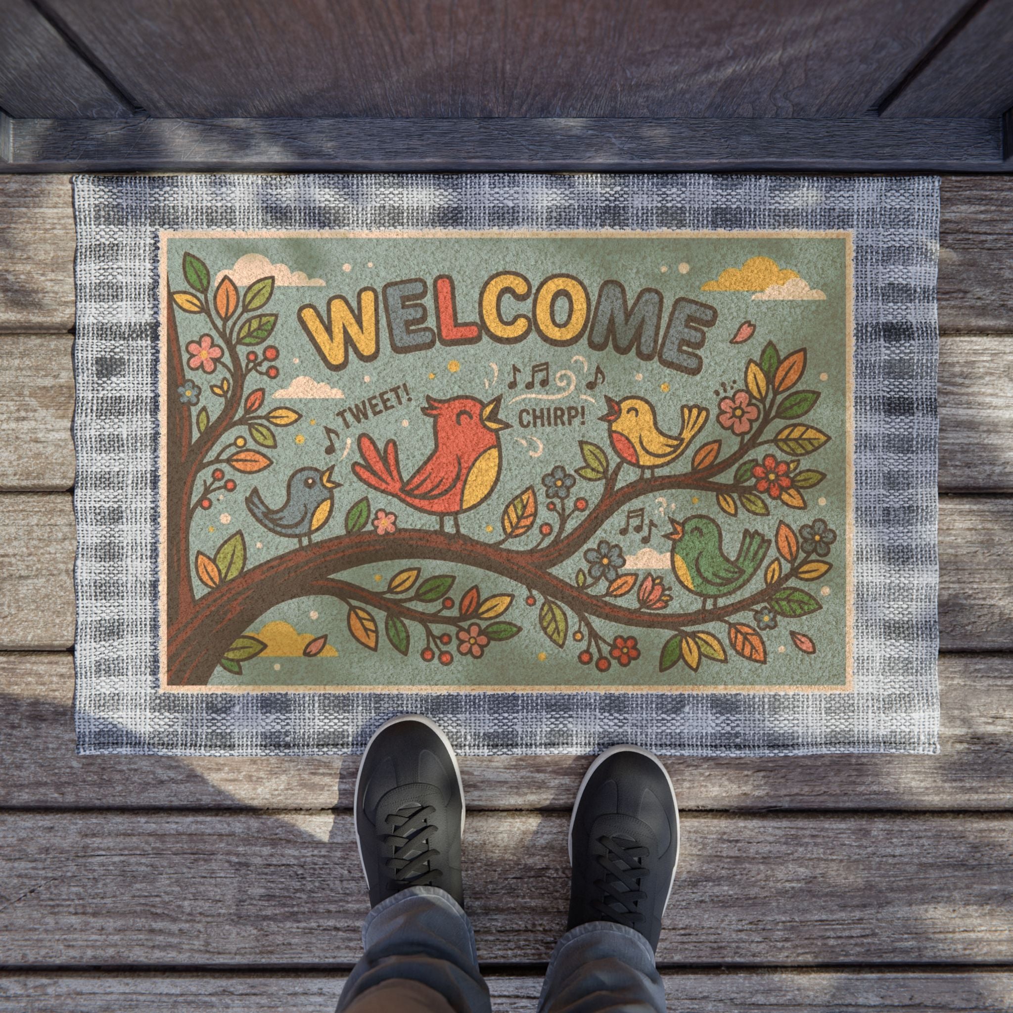 Retro Pop Art Singing Birds Welcome Doormat