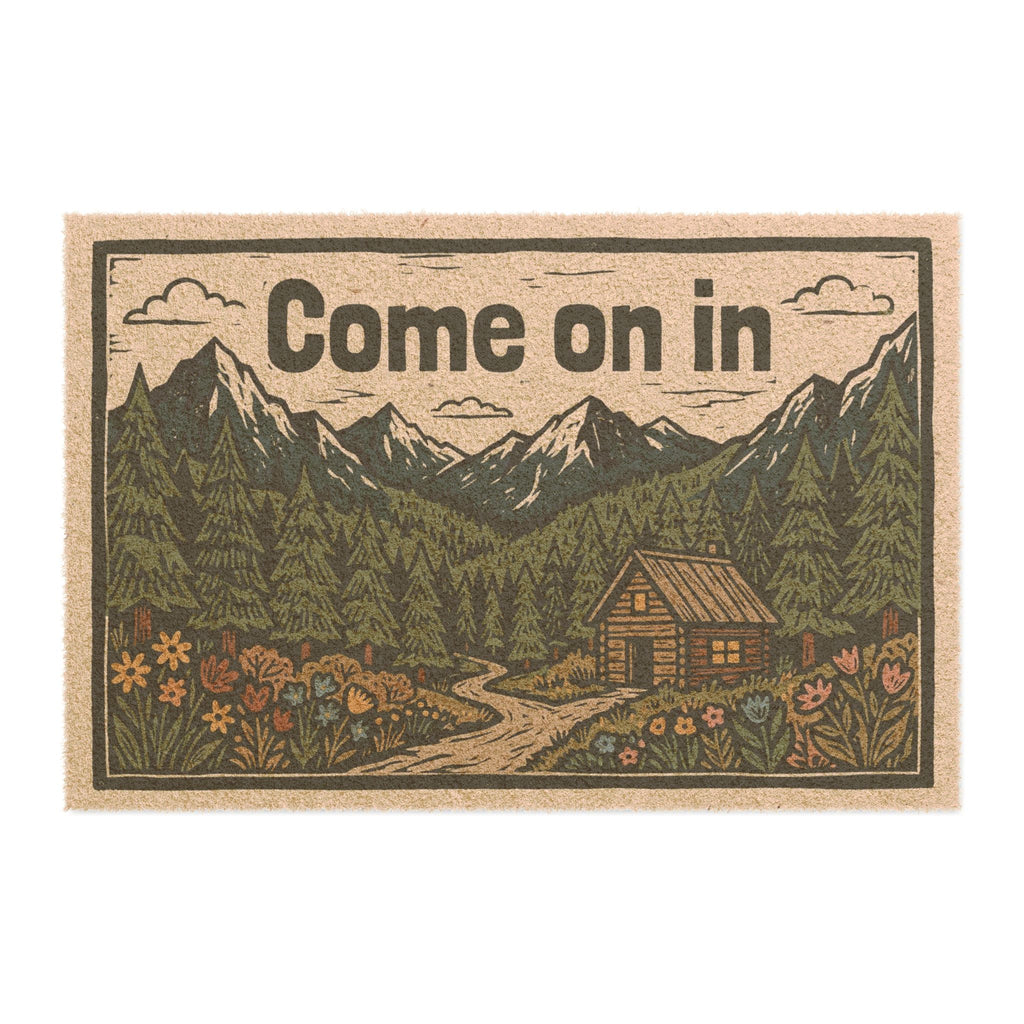 Cozy Mountain Cabin Linocut Welcome Doormat