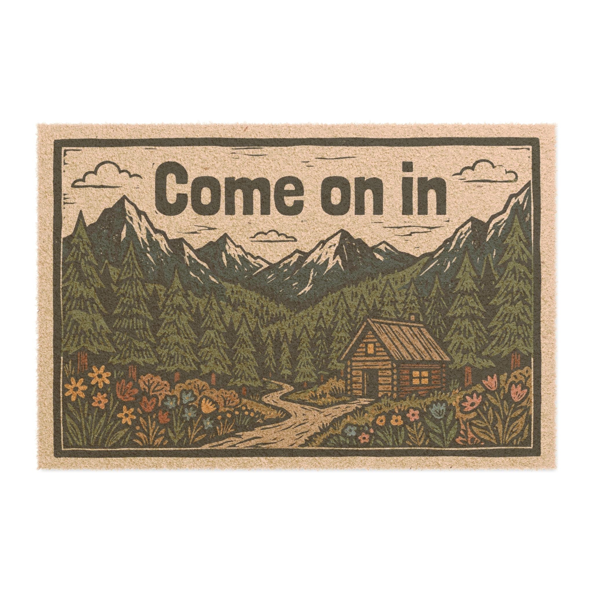 Cozy Mountain Cabin Linocut Welcome Doormat