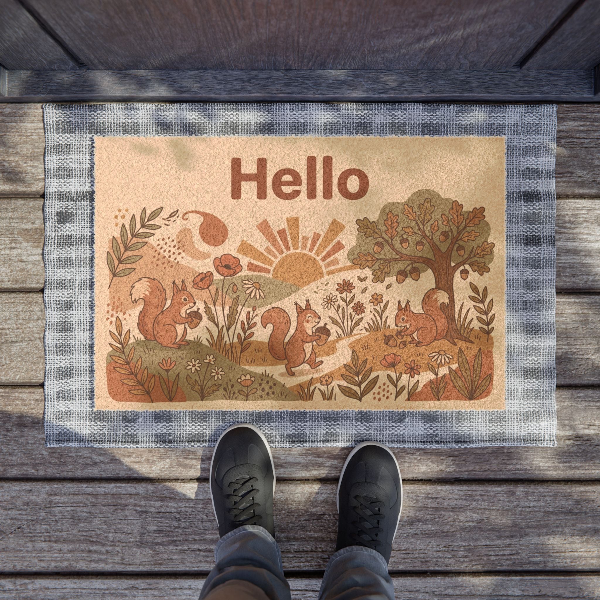 Retro Cozy Forest Squirrels Hello Wall Art