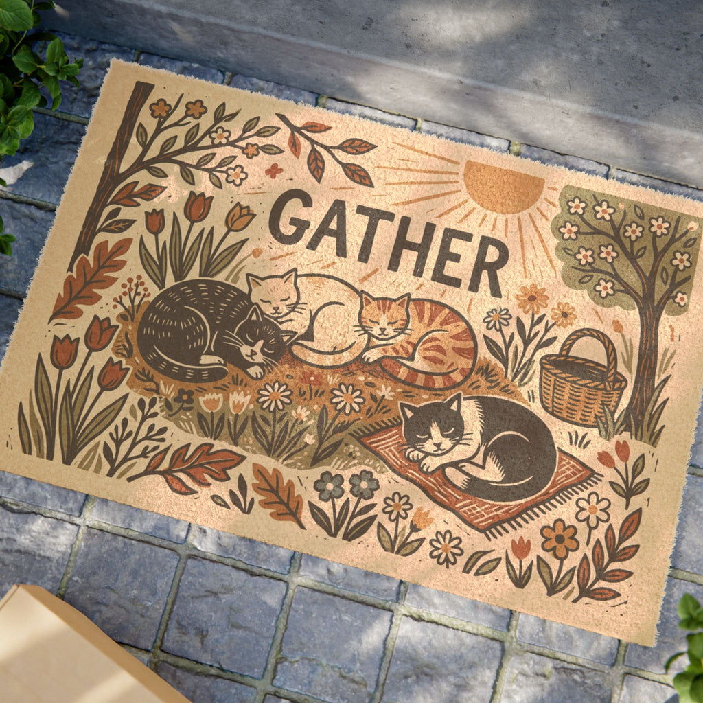Gather Cozy Spring Cats Linocut Doormat