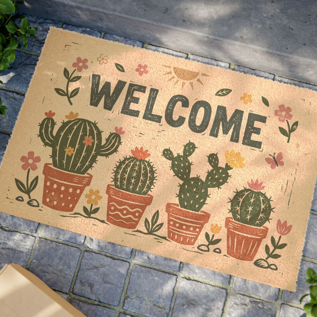 Cozy Desert Blooms Linocut Welcome Doormat