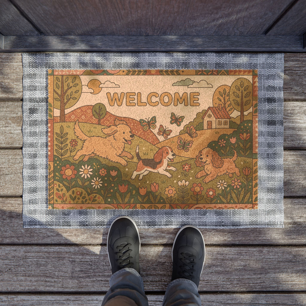 Retro Springtime Playful Pups Welcome Doormat