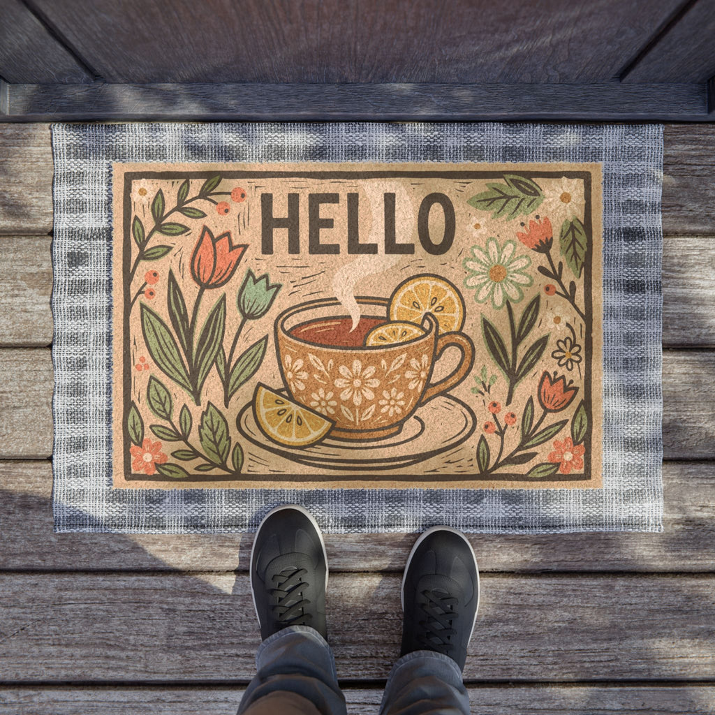Cozy Lemon Tea Linocut Welcome Doormat