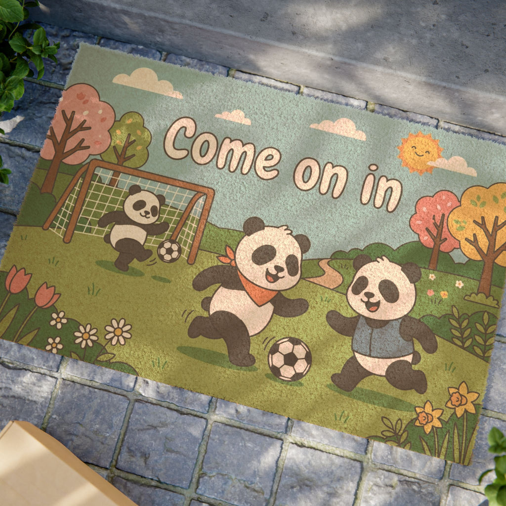 Playful Pandas Spring Soccer Welcome Doormat