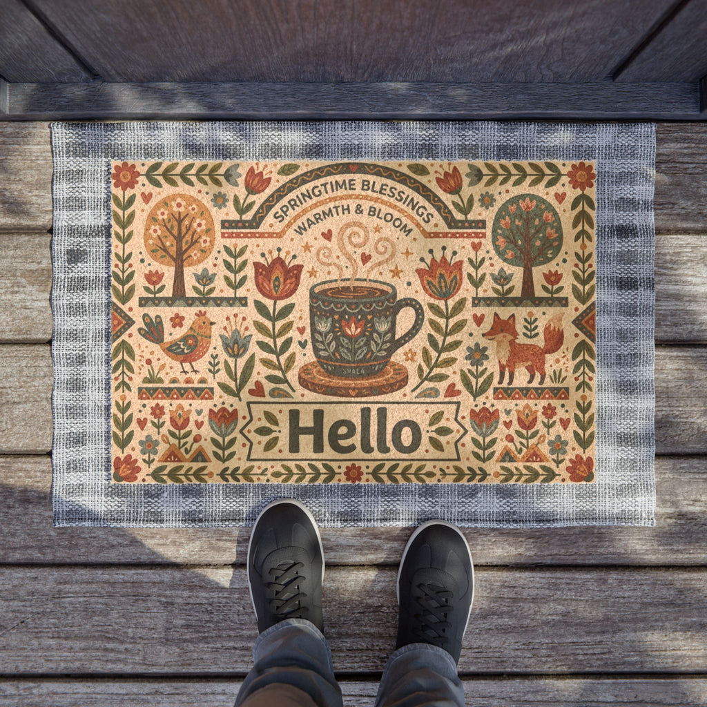 Cozy Nordic Folk Art Spring Hello Doormat