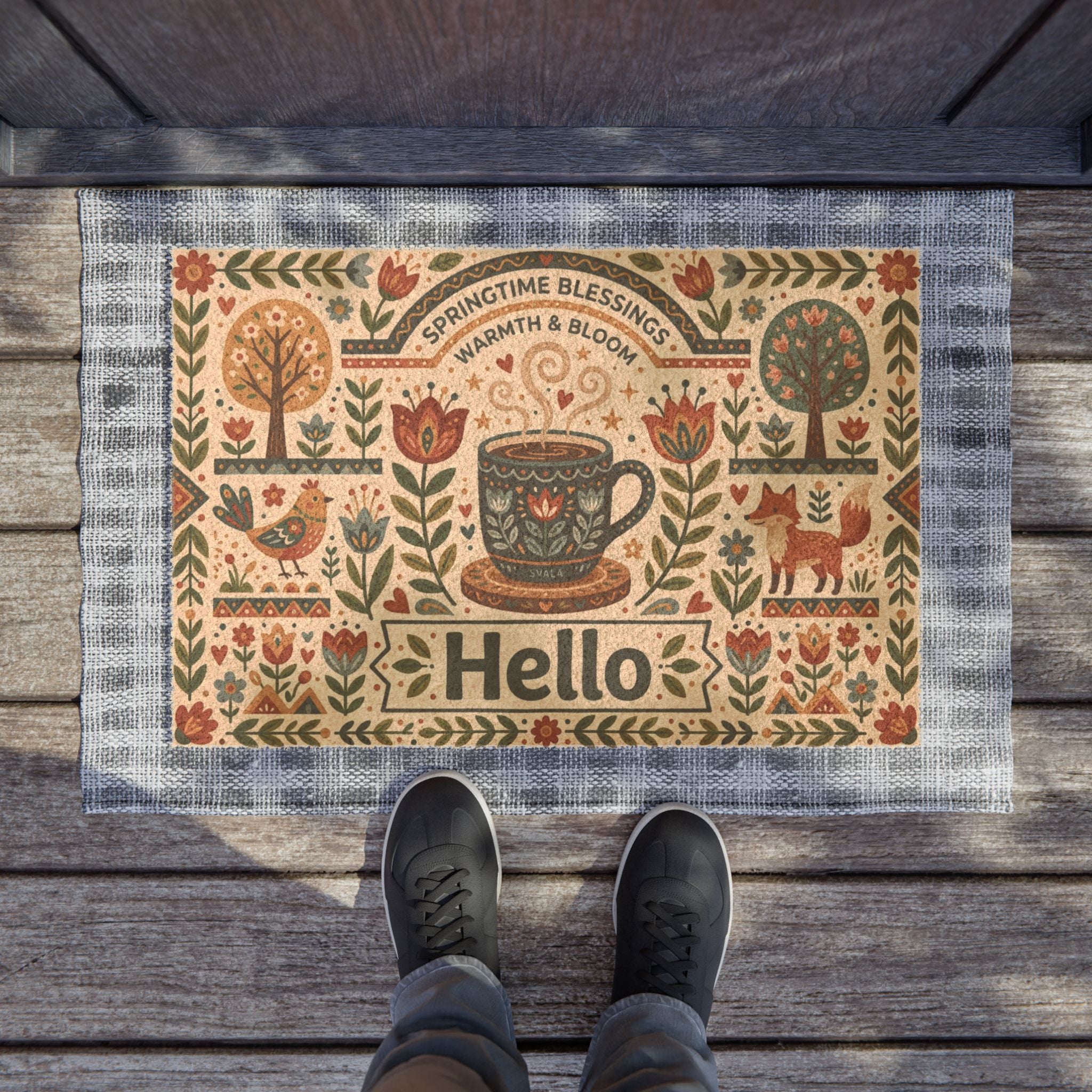Cozy Nordic Folk Art Spring Hello Doormat