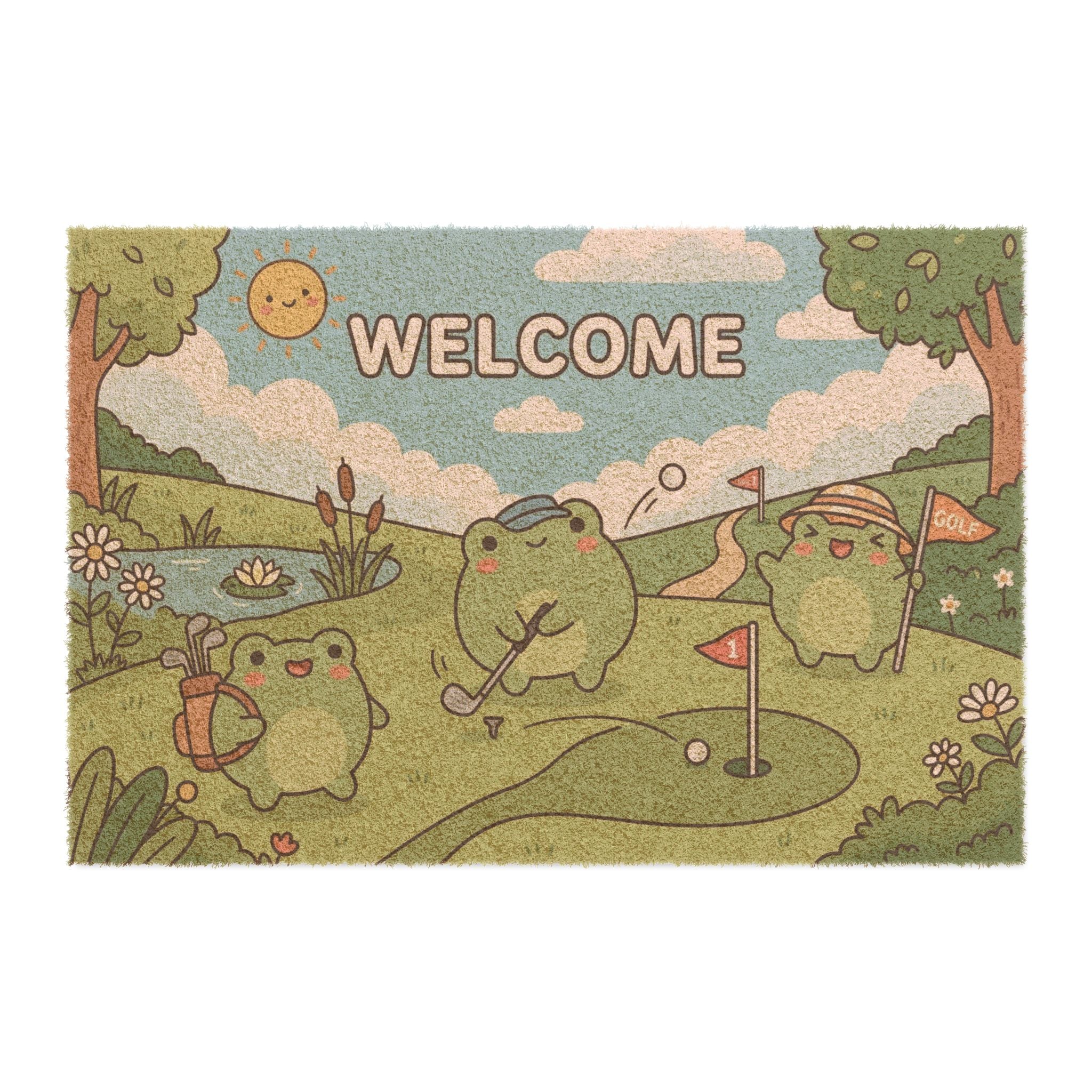 Kawaii Golfing Frogs Welcome Doormat