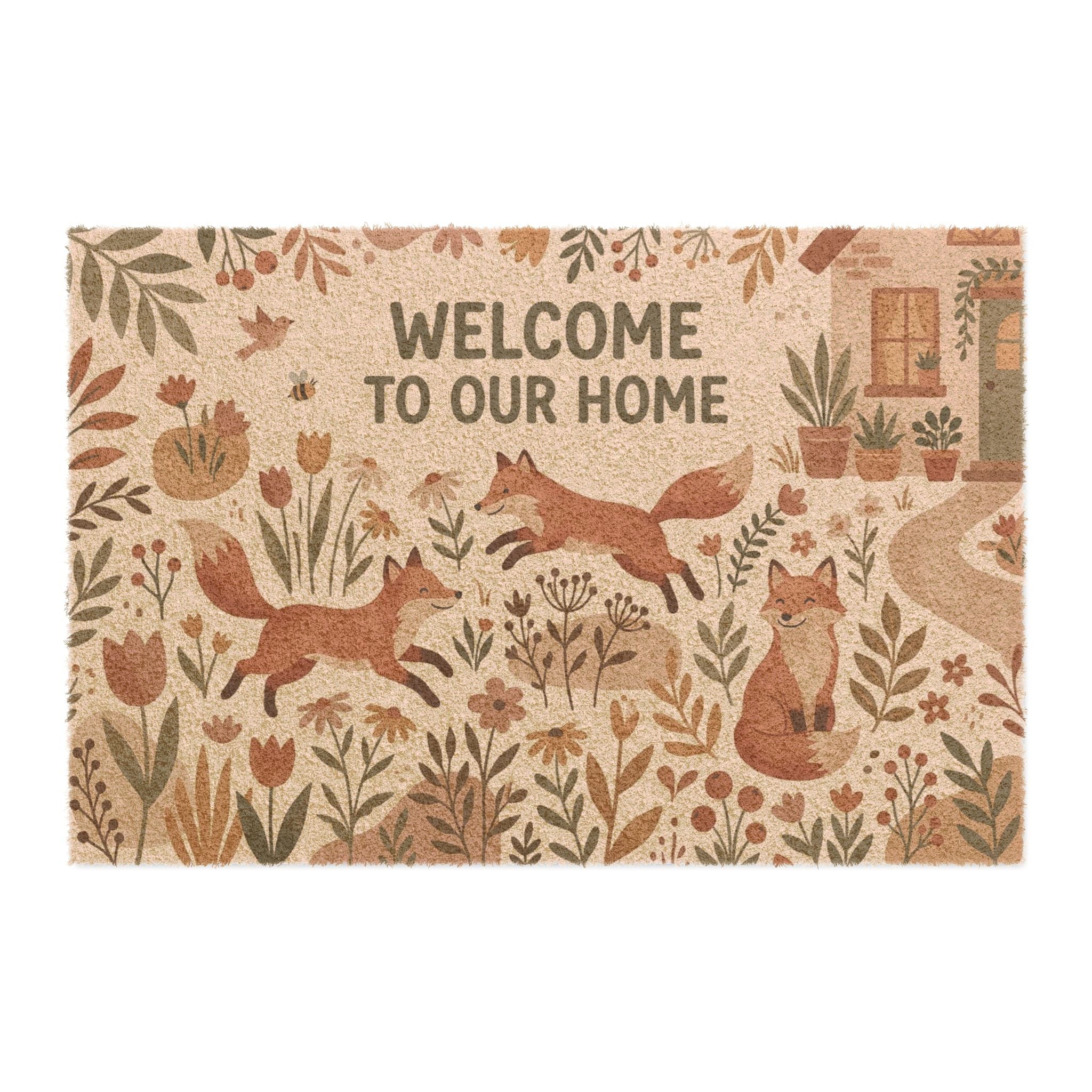 Boho Botanical Playful Foxes Welcome Mat
