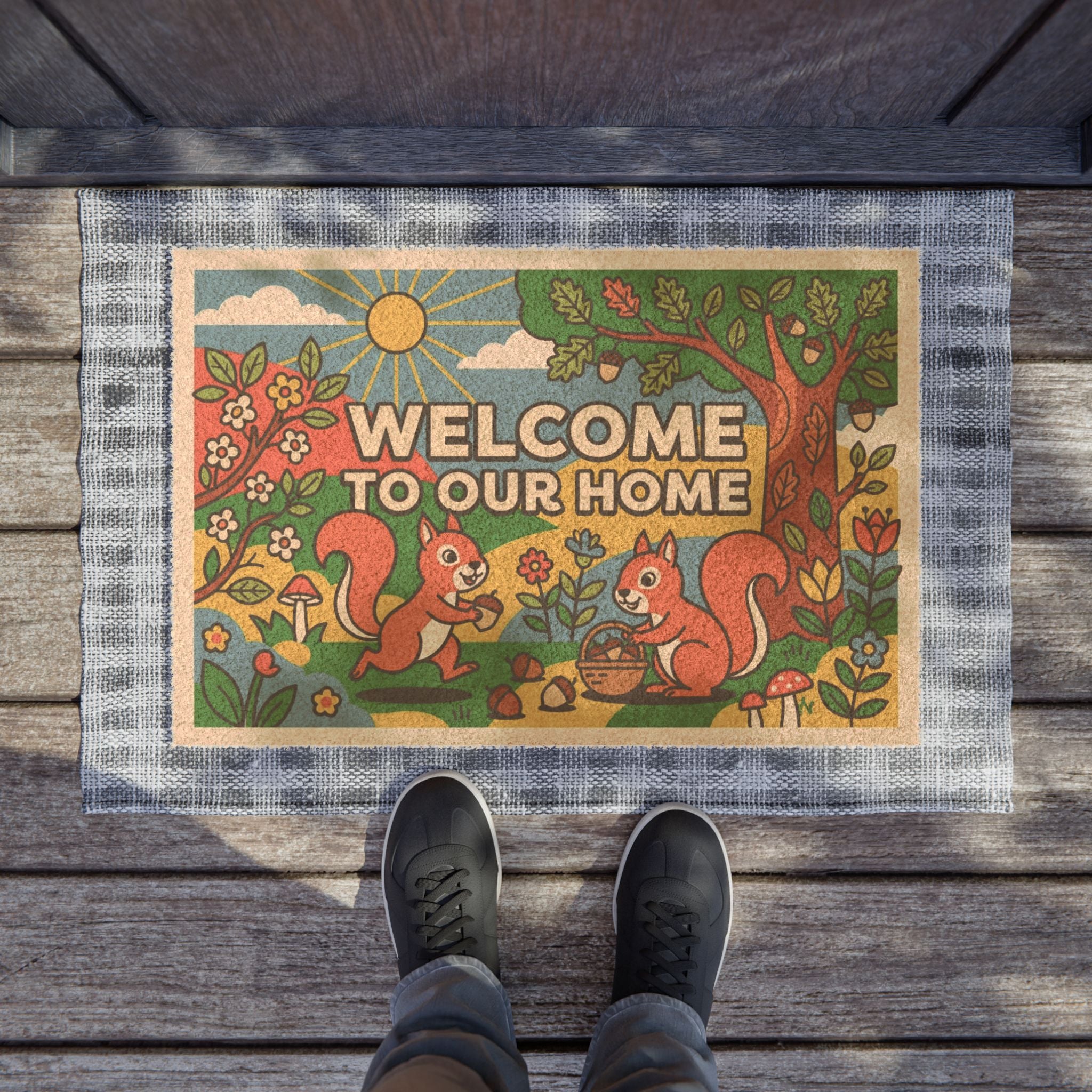 Retro Pop Art Squirrels Welcome Doormat