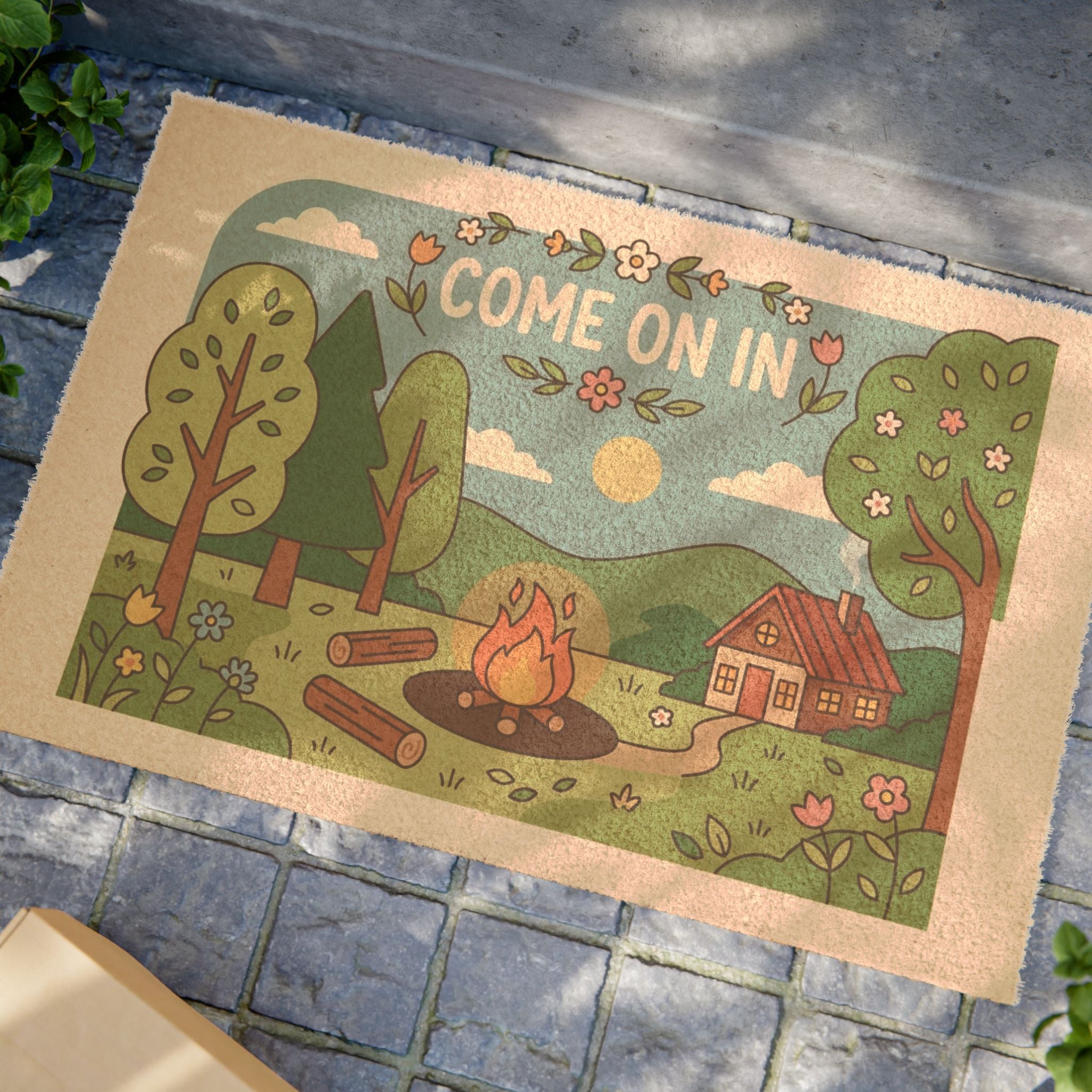 Retro Cozy Spring Cabin Welcome Doormat