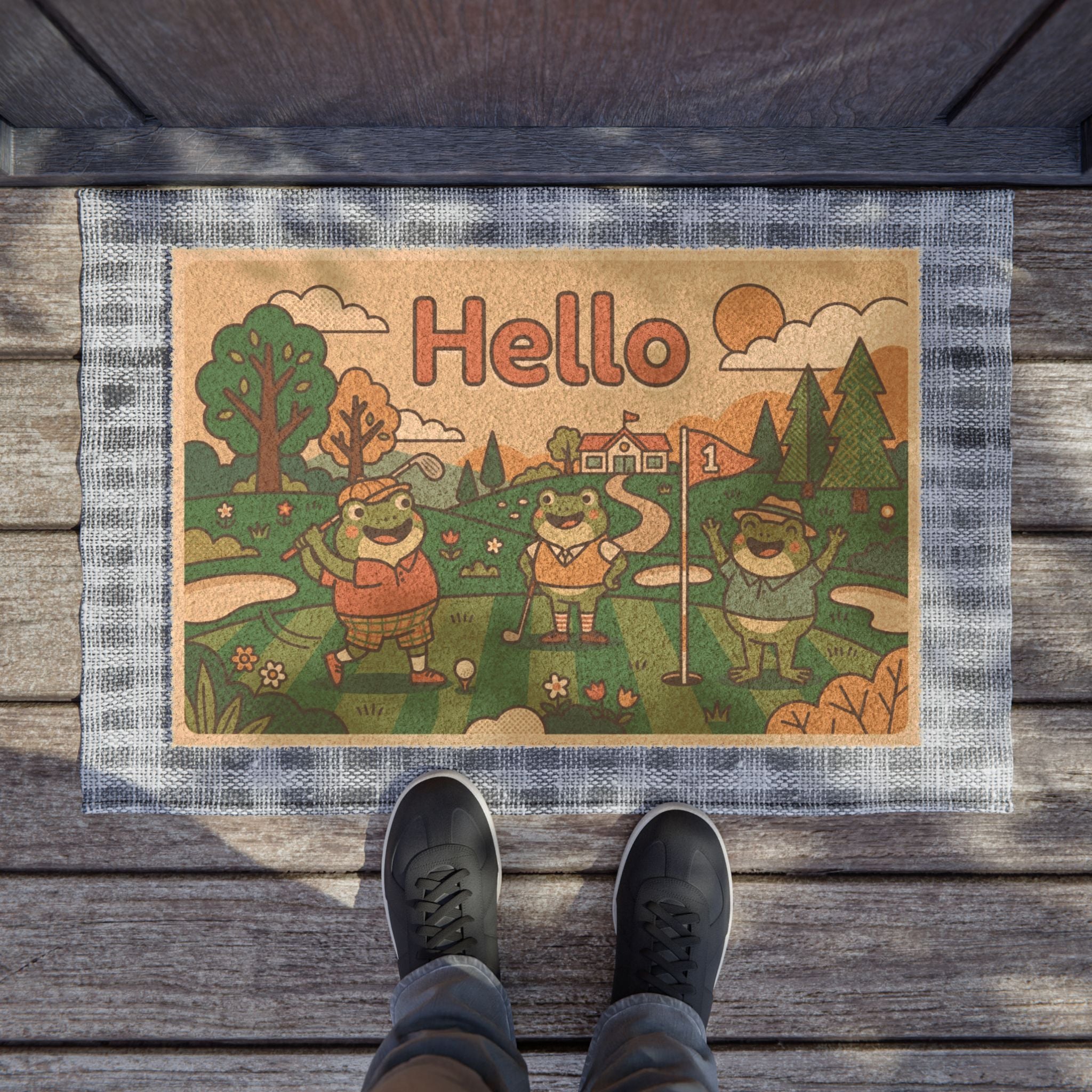 Retro 70s Golfing Frogs Welcome Mat