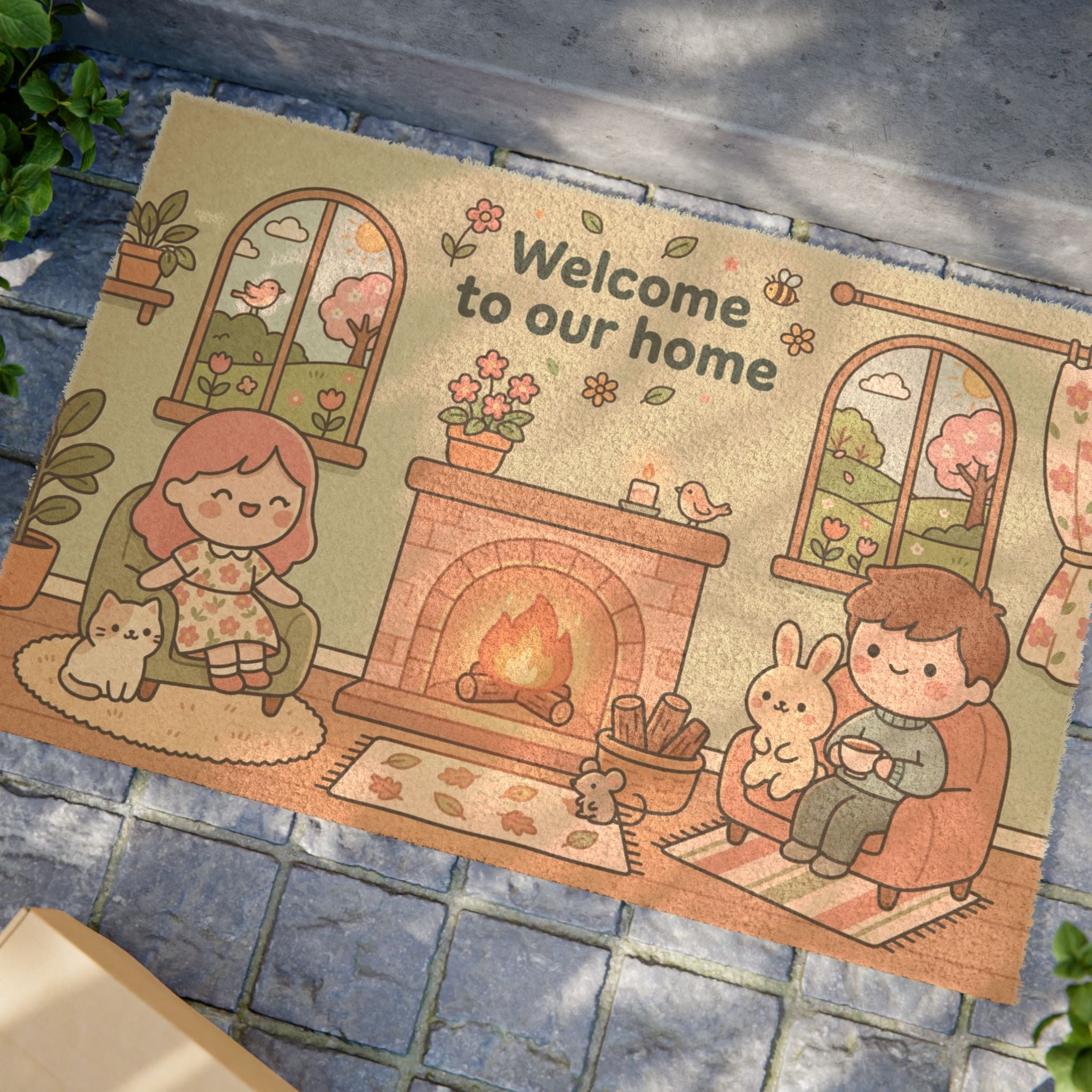 Cozy Kawaii Spring Fireplace Welcome Art