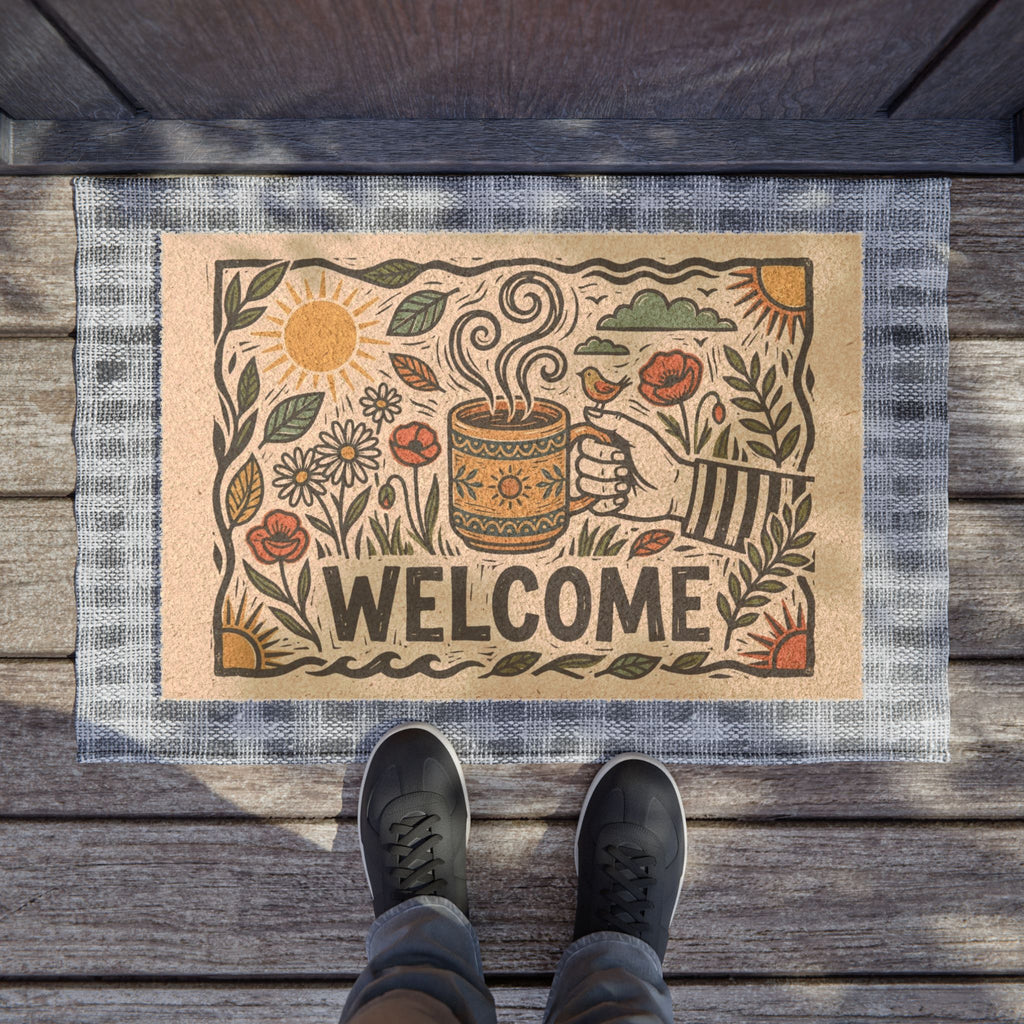 Sun-Kissed Brew Linocut Welcome Doormat