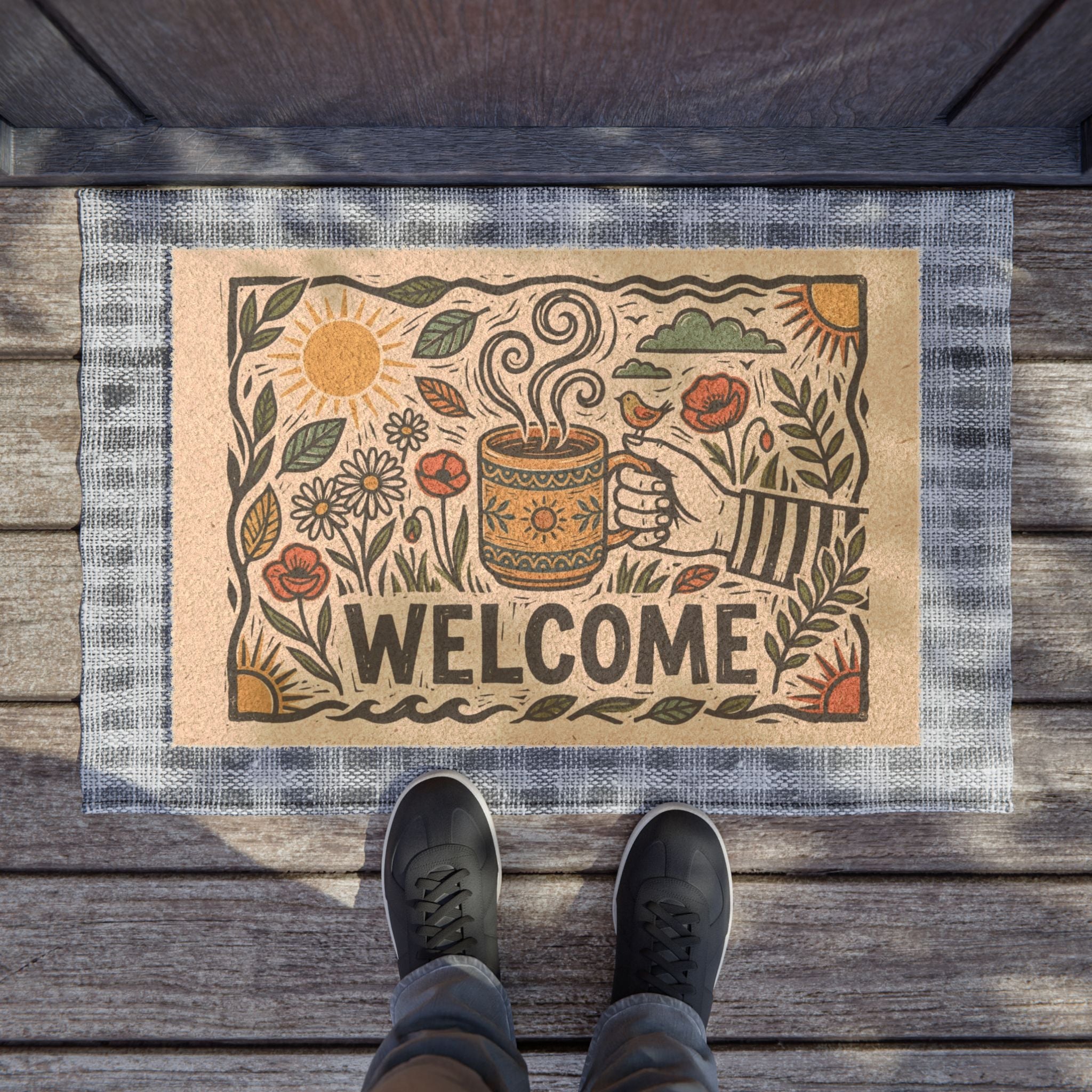 Sun-Kissed Brew Linocut Welcome Doormat