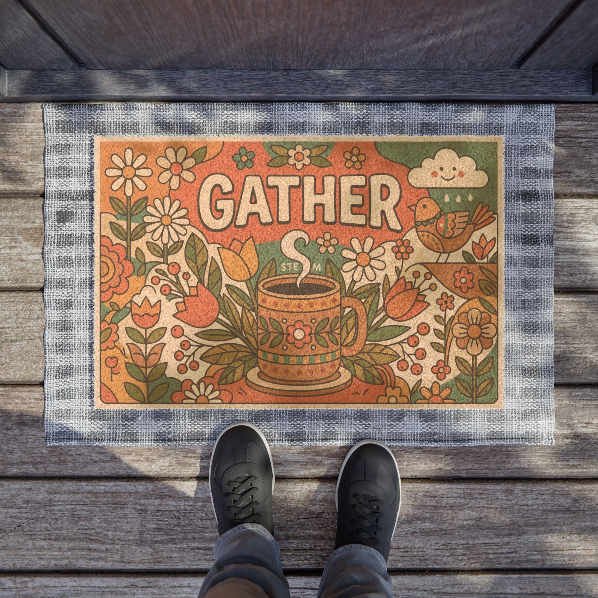 Retro 70s Gather Spring Floral Welcome Mat
