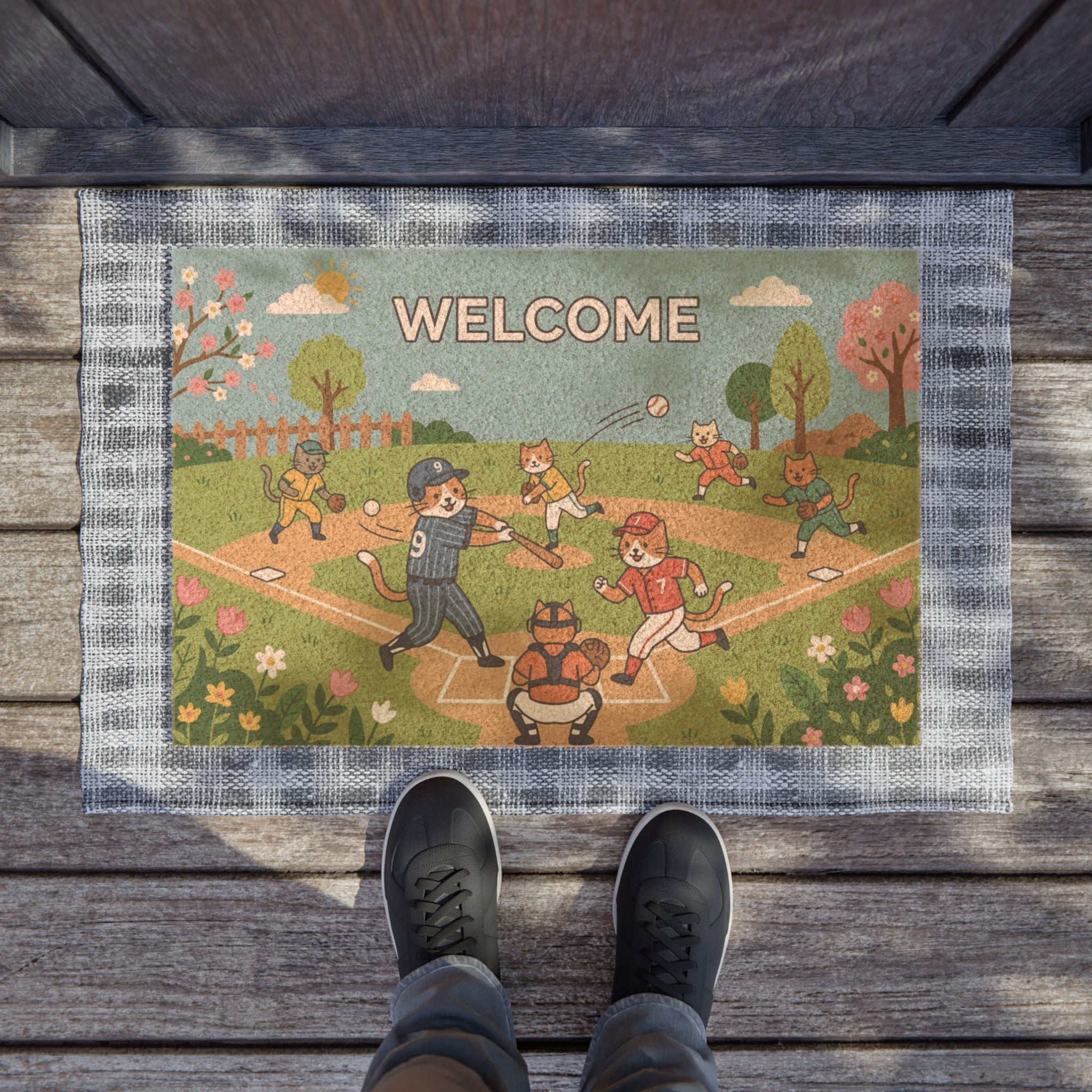 Play Ball! Springtime Cats Welcome Mat