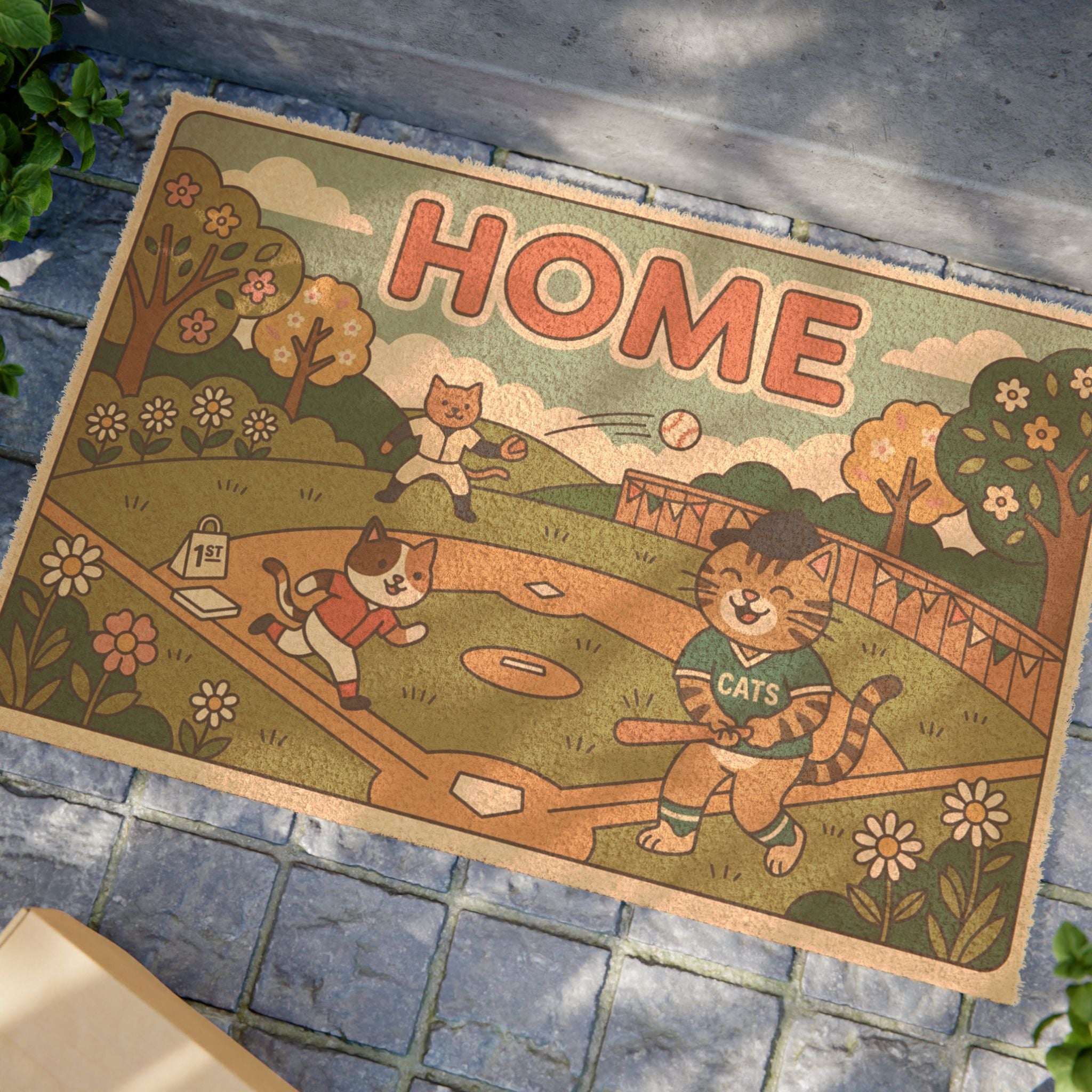 Retro Home Run Kitties Spring Welcome Doormat