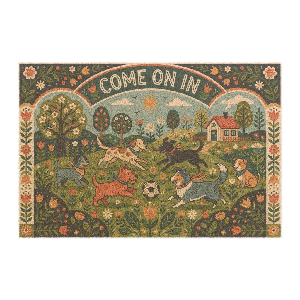 Scandi Folk Art Happy Pups Spring Welcome Doormat