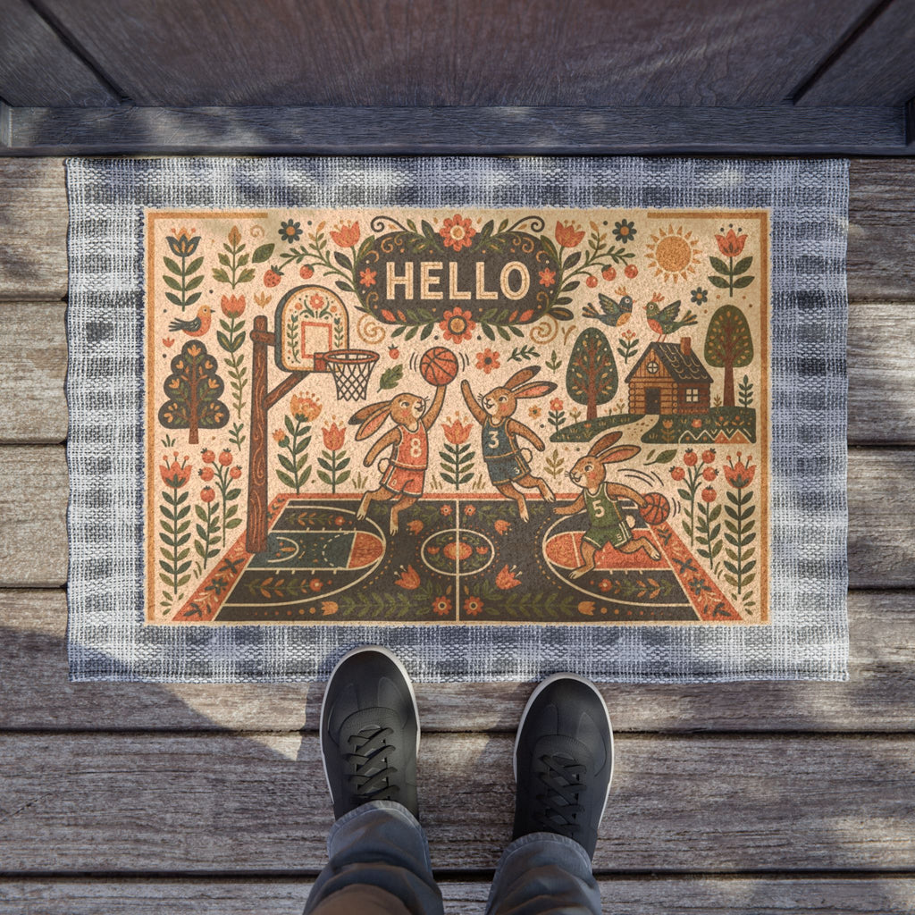 Retro Folk Art Basketball Bunnies Doormat