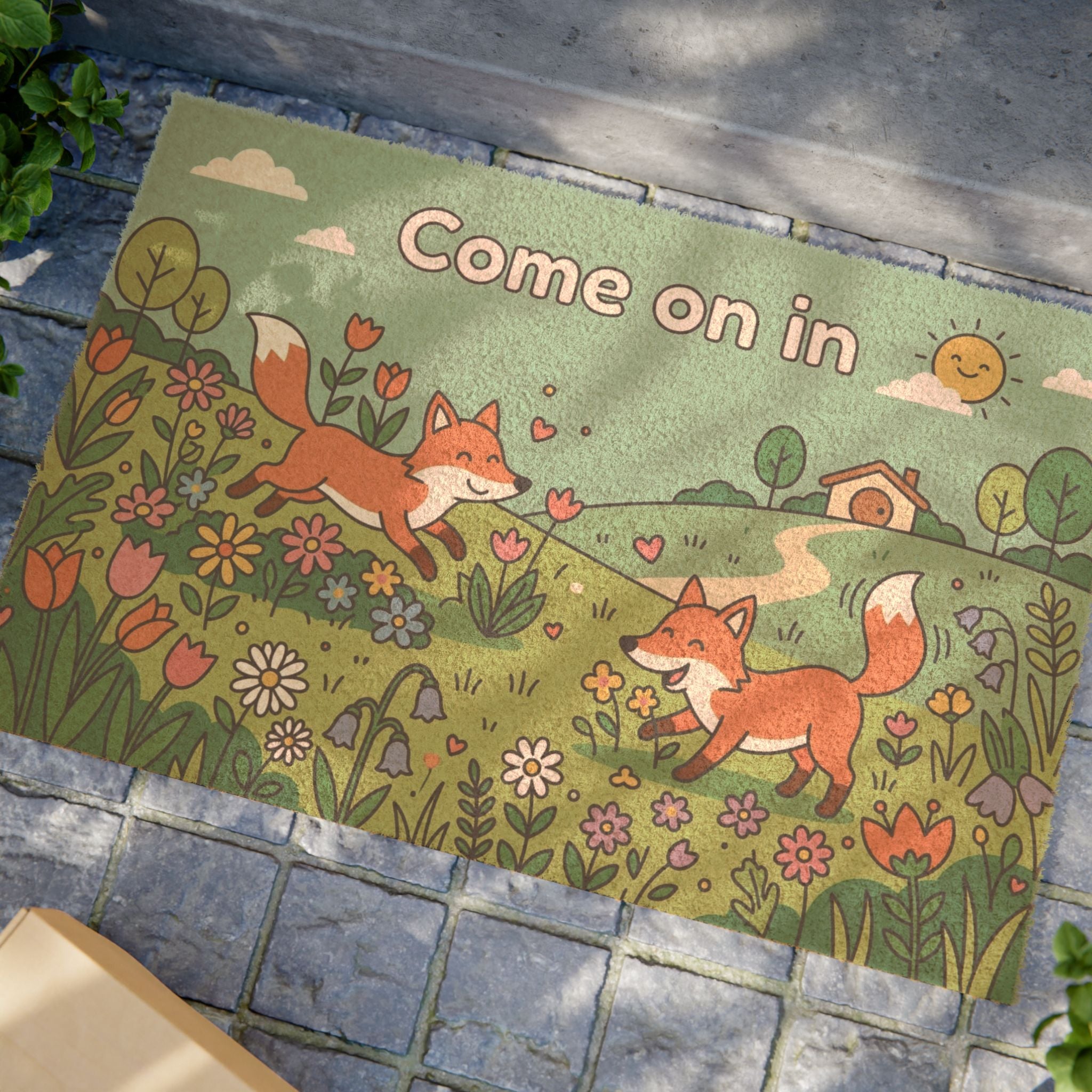 Playful Spring Foxes Welcome Doormat