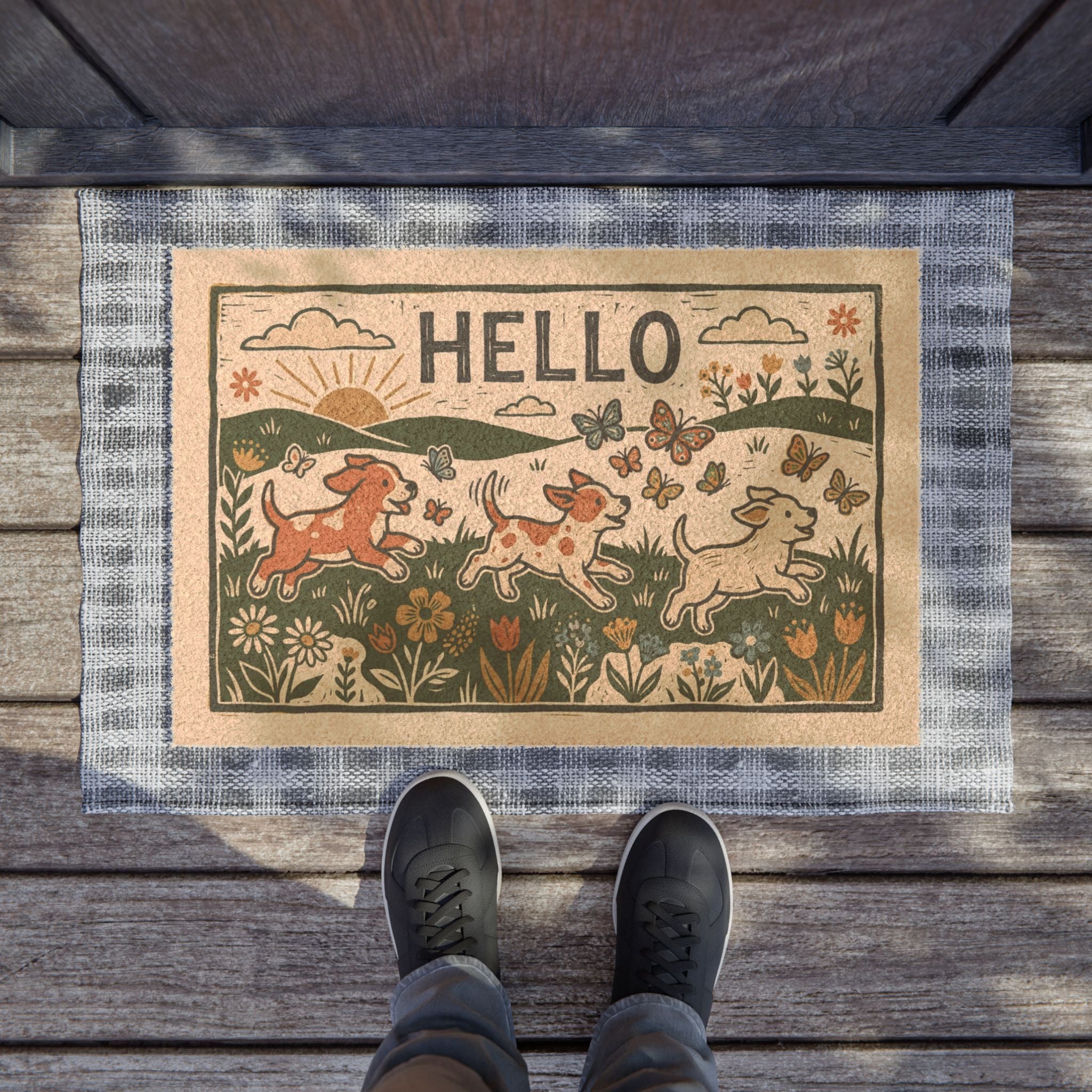 Retro Linocut Hello Spring Puppies Doormat