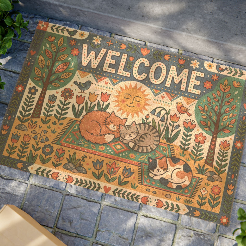 Scandi Folk Art Cozy Sleeping Cats Welcome Mat