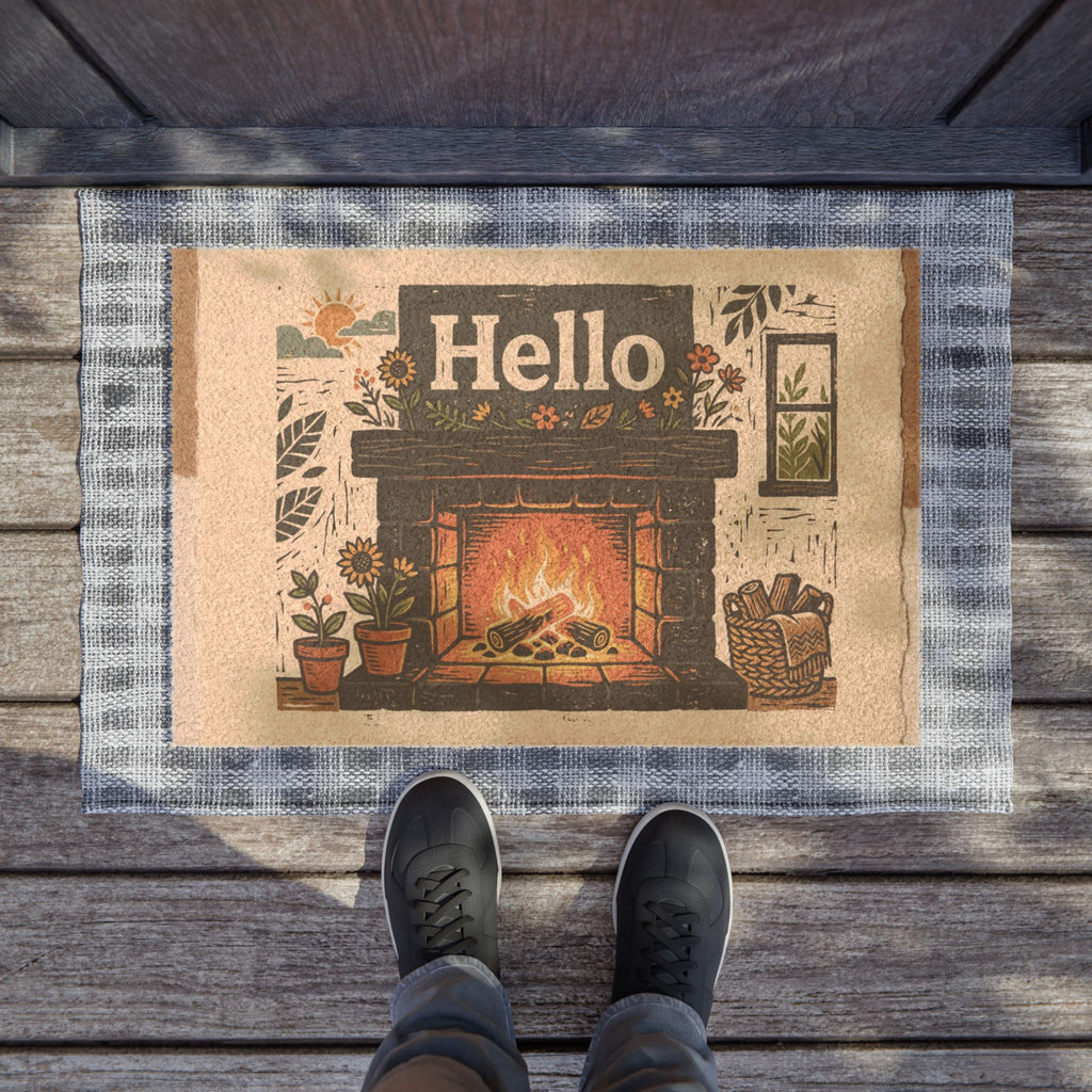 Cozy Sunny Hearth Hello Linocut Art Print